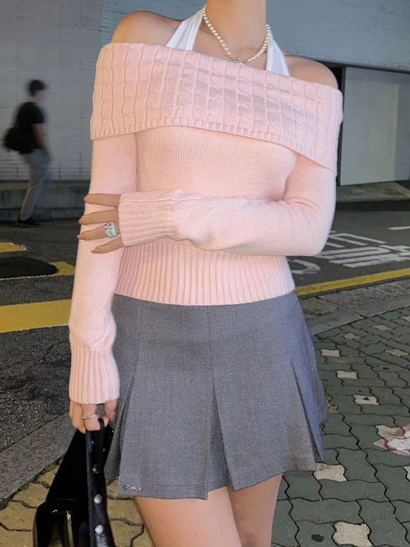 Off - Shoulder Cable Knit Sweater - MAD RUFFI