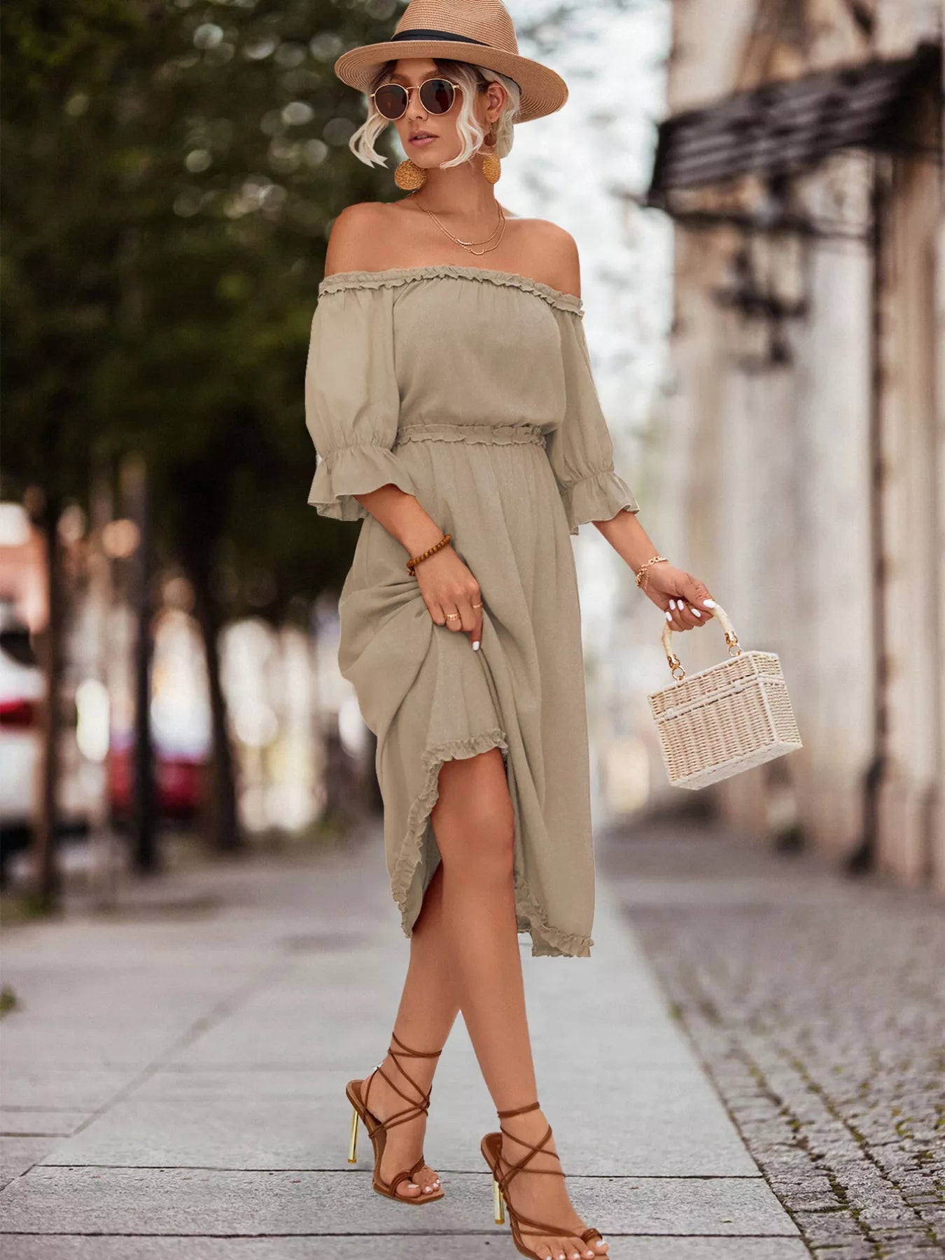 Off - Shoulder Flounce Sleeve Midi Dress - MAD RUFFI