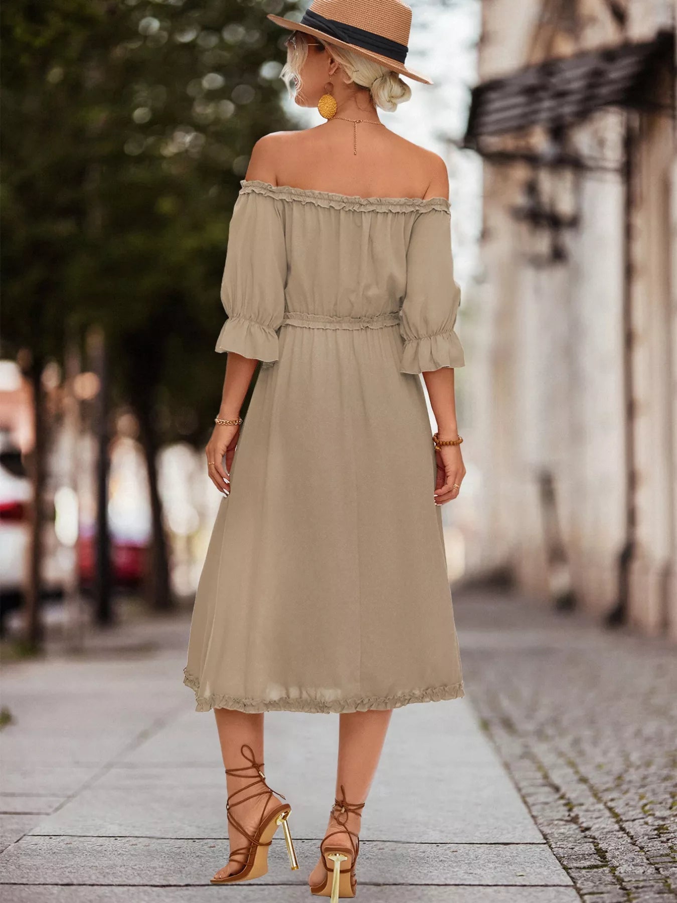 Off - Shoulder Flounce Sleeve Midi Dress - MAD RUFFI