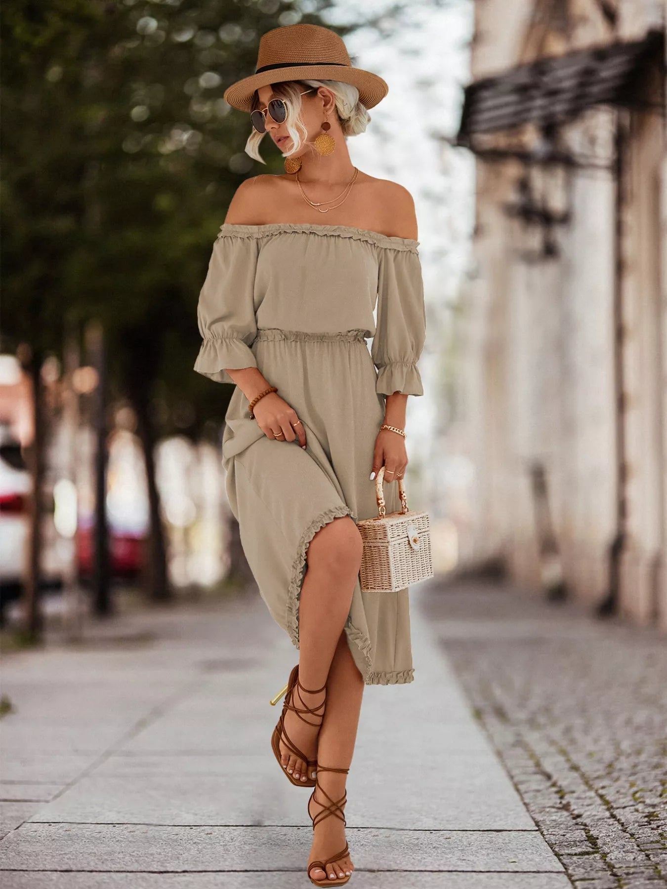 Off - Shoulder Flounce Sleeve Midi Dress - MAD RUFFI