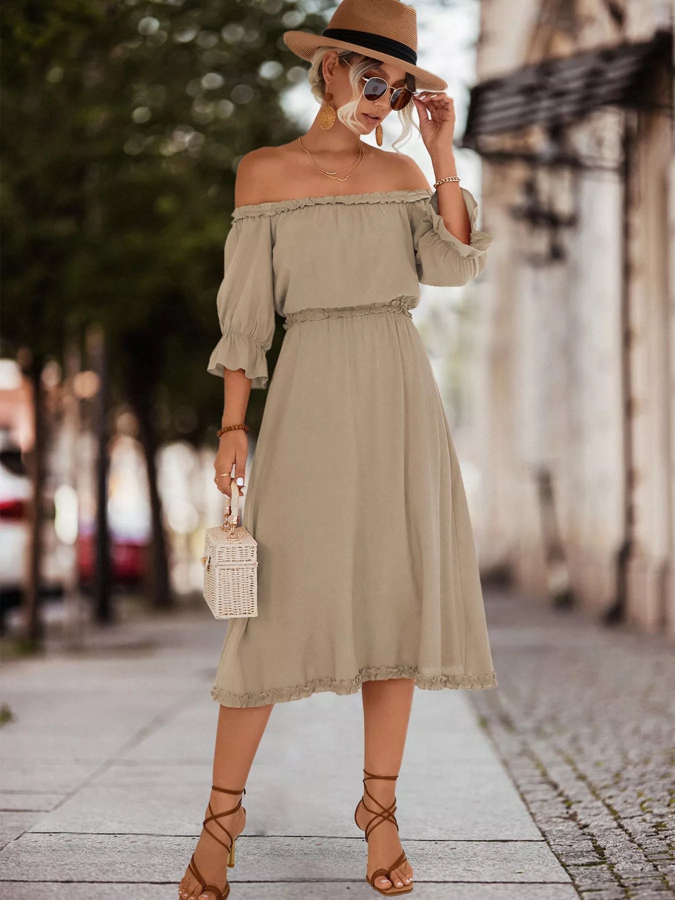 Off - Shoulder Flounce Sleeve Midi Dress - MAD RUFFI