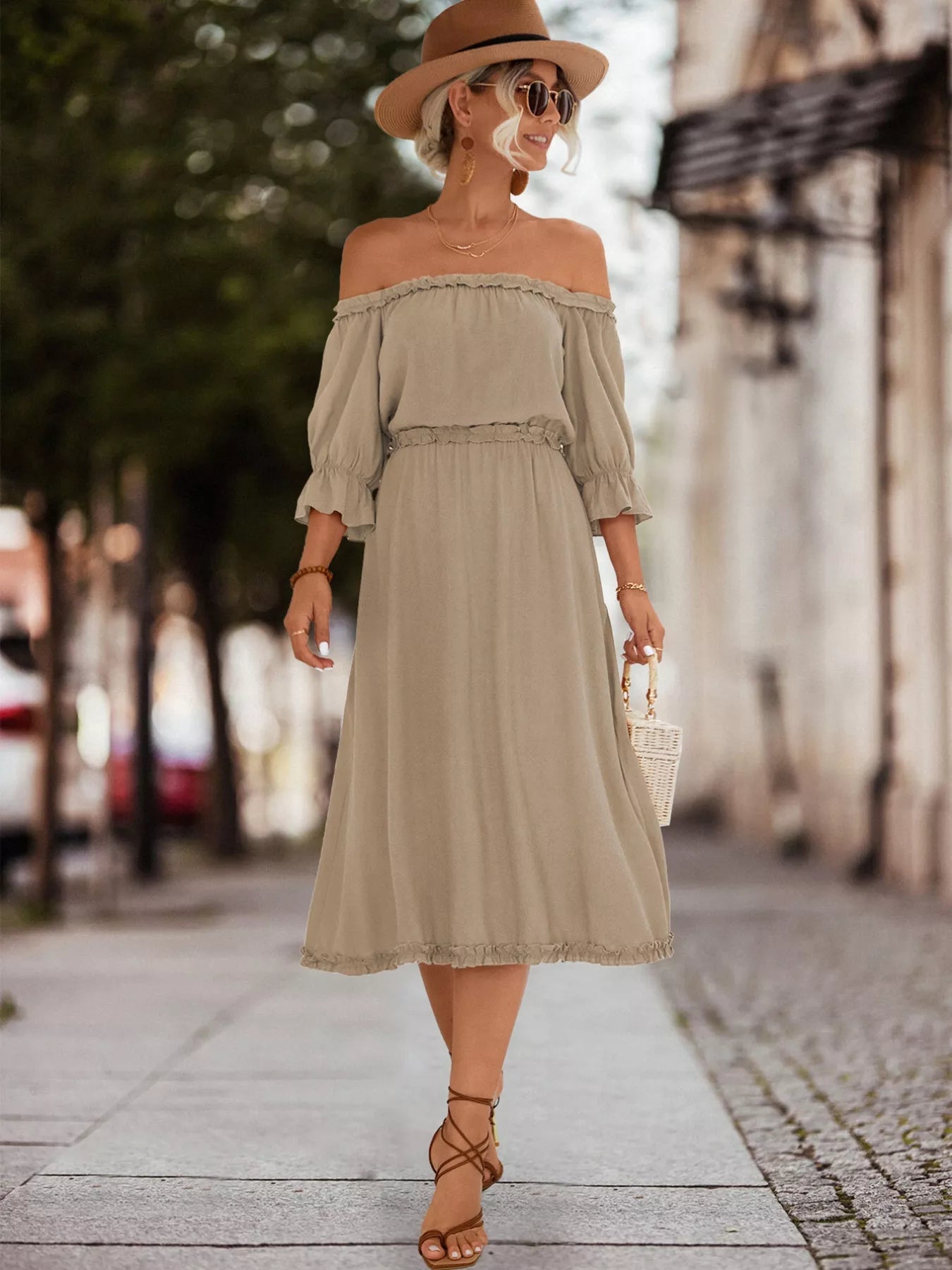 Off - Shoulder Flounce Sleeve Midi Dress - MAD RUFFI
