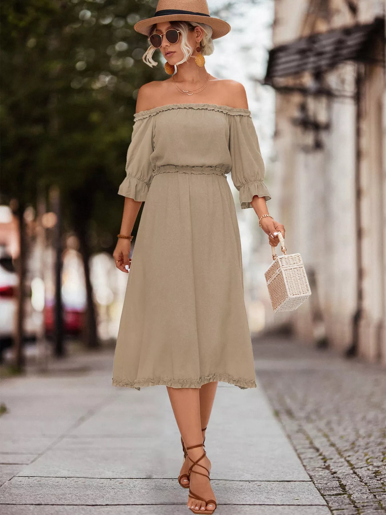 Off - Shoulder Flounce Sleeve Midi Dress - MAD RUFFI