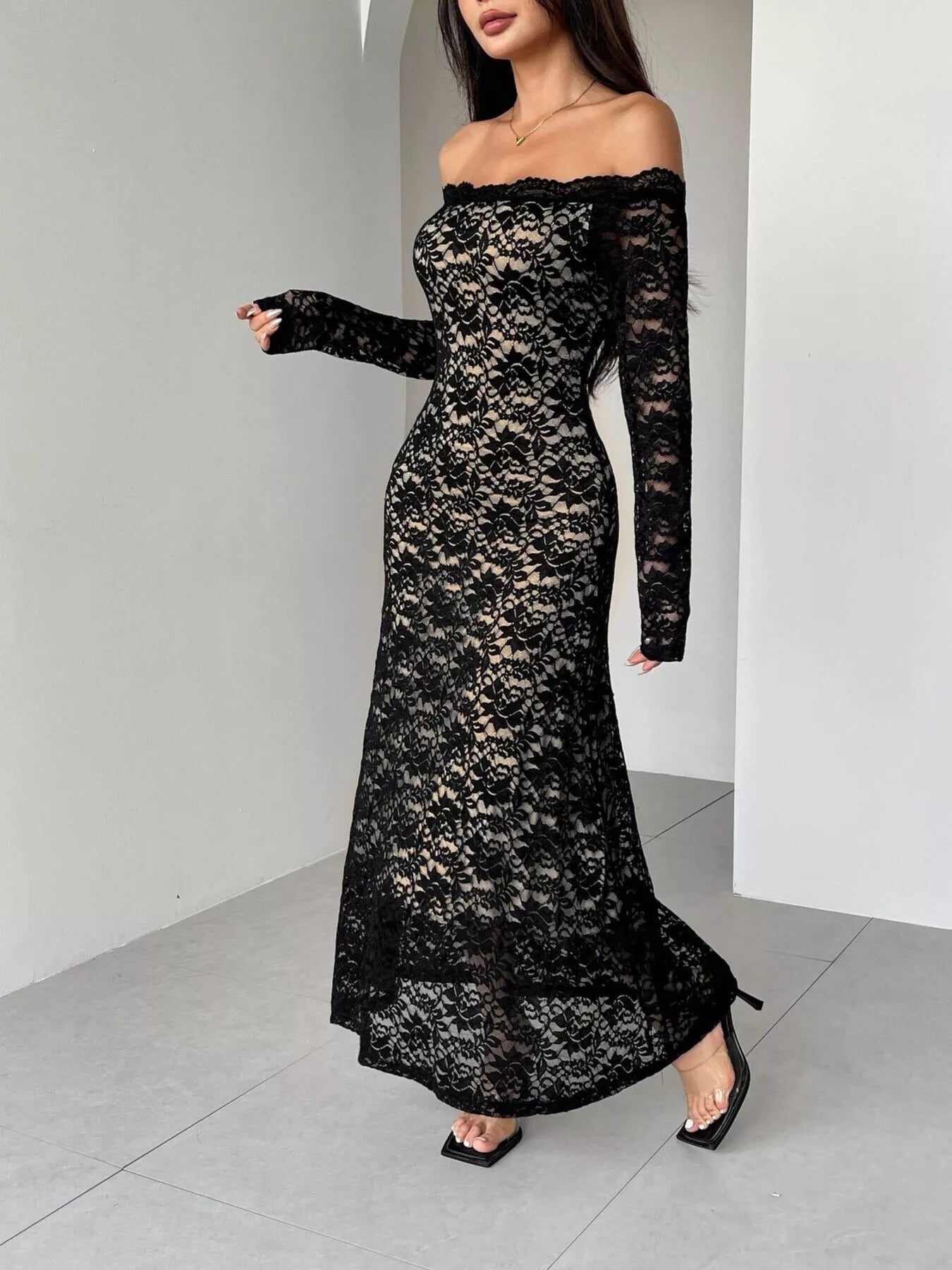Off - Shoulder Lace Maxi Dress - MAD RUFFI