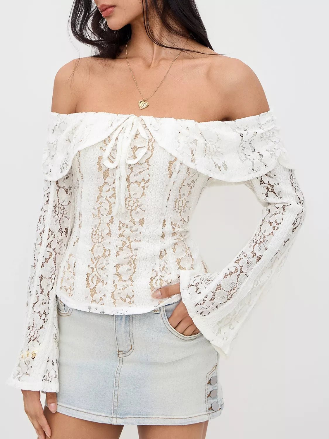 Off - Shoulder Lace Top with Bell Sleeves - MAD RUFFI