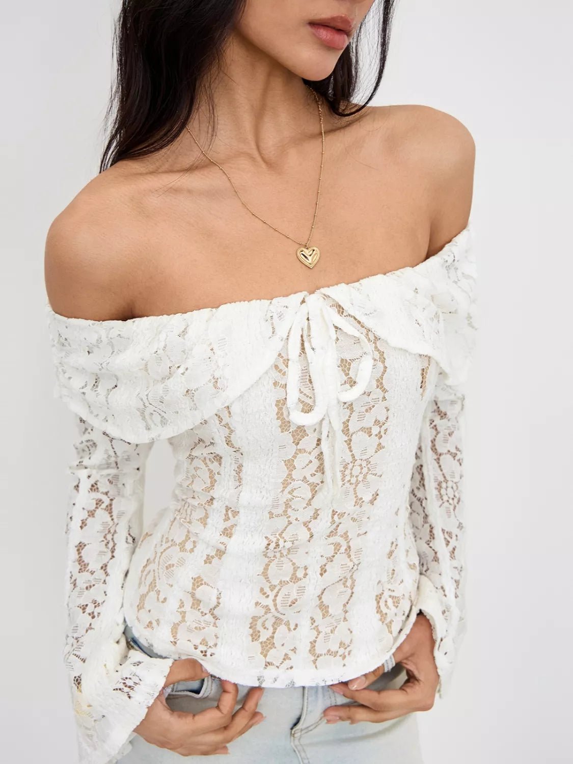 Off - Shoulder Lace Top with Bell Sleeves - MAD RUFFI