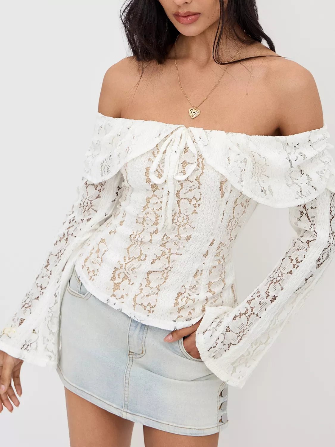 Off - Shoulder Lace Top with Bell Sleeves - MAD RUFFI