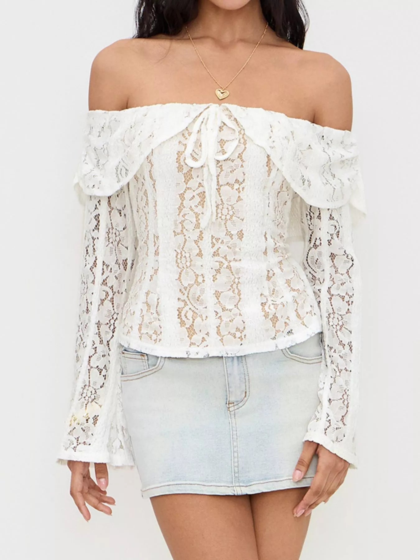 Off - Shoulder Lace Top with Bell Sleeves - MAD RUFFI