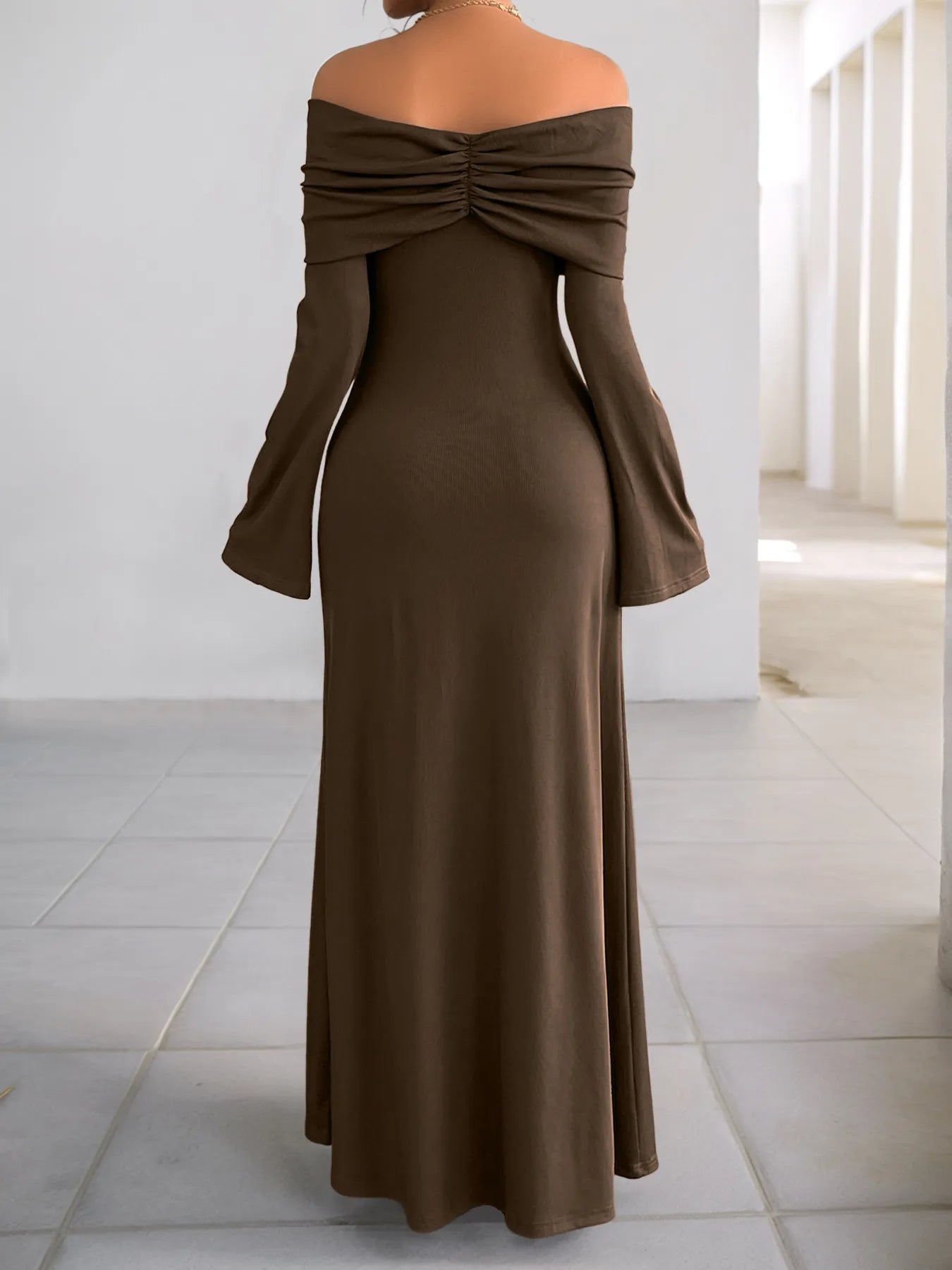 Off - Shoulder Long Sleeve Bodycon Maxi Dress - MAD RUFFI