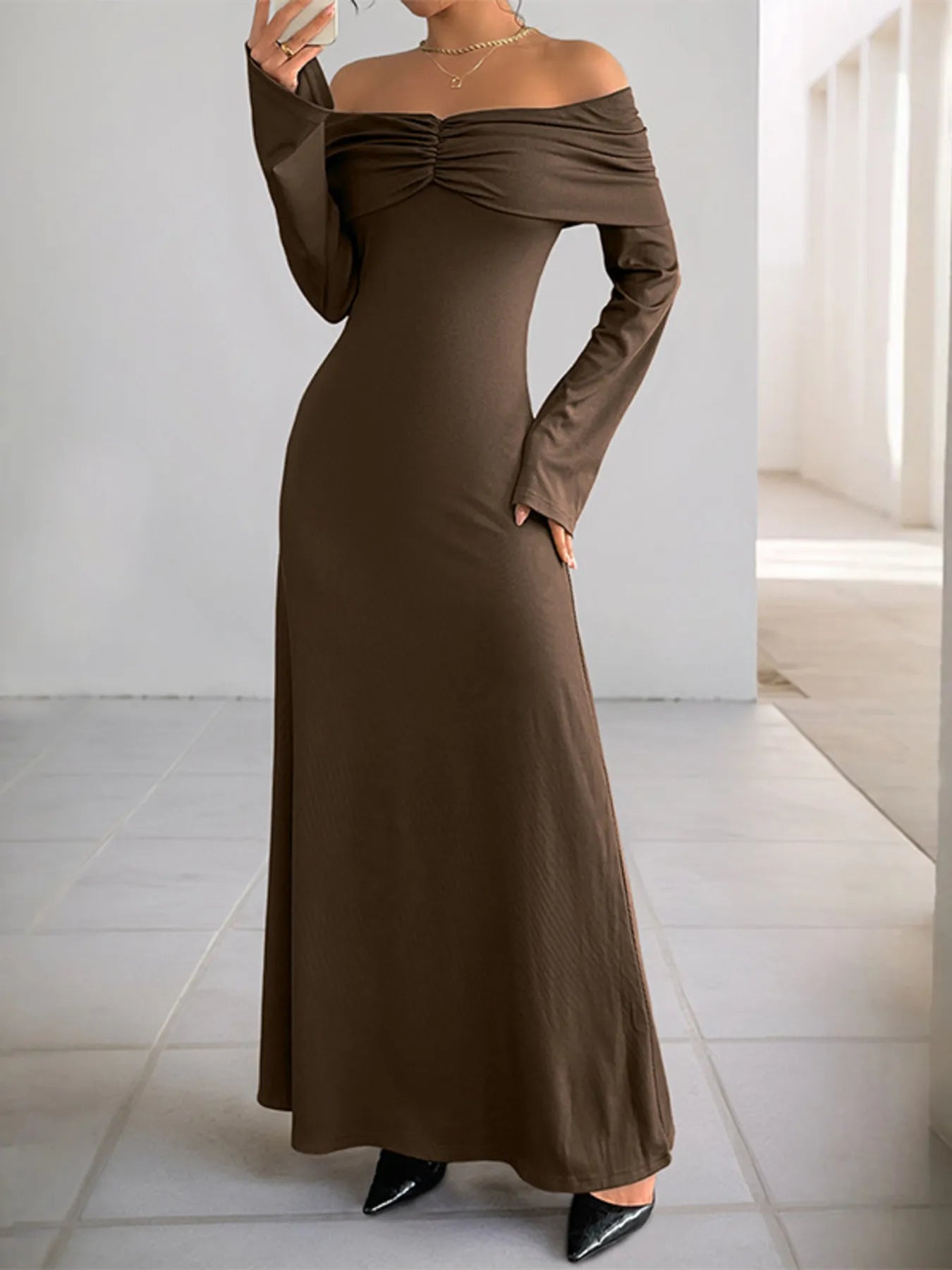 Off - Shoulder Long Sleeve Bodycon Maxi Dress - MAD RUFFI