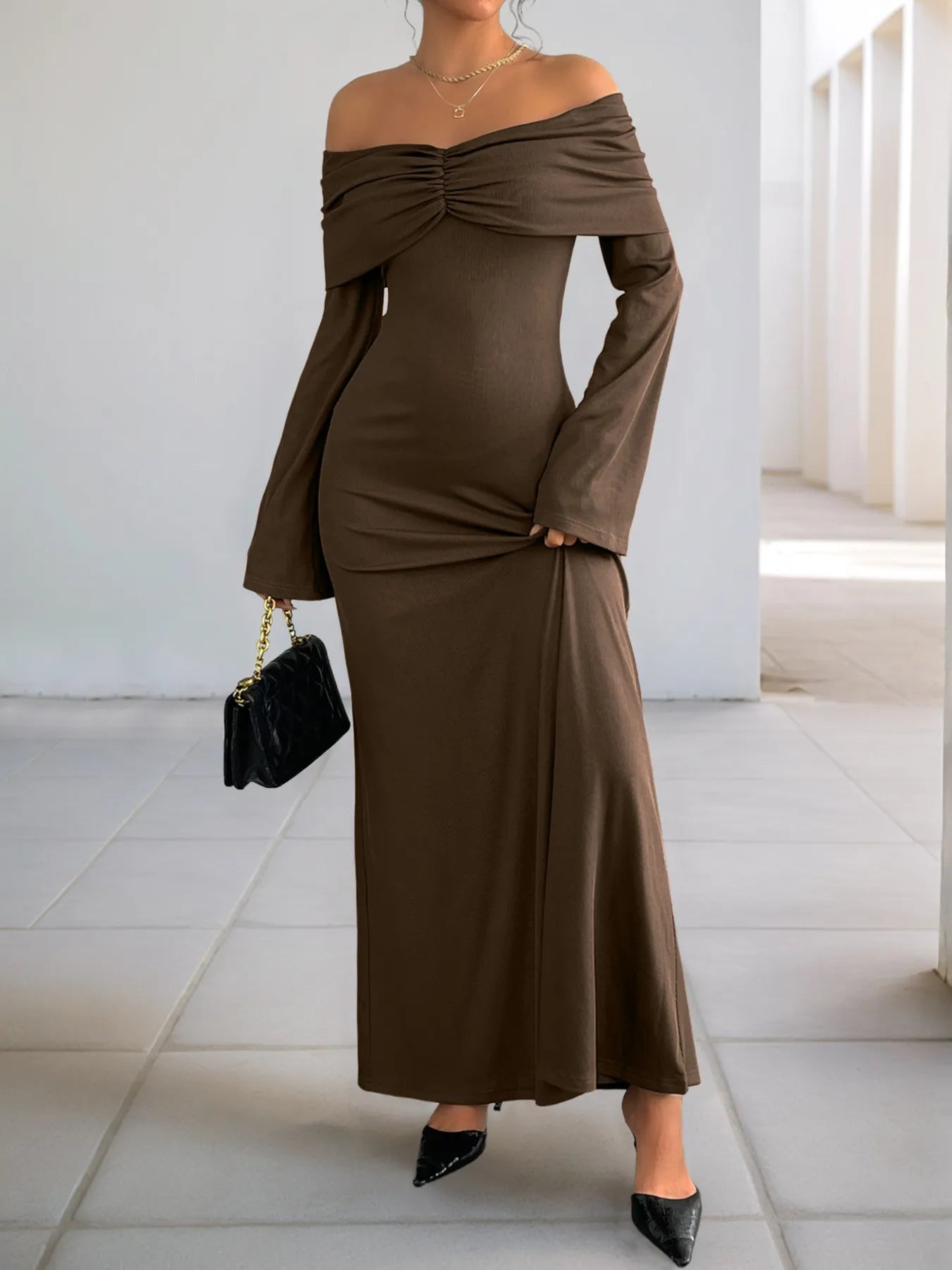 Off - Shoulder Long Sleeve Bodycon Maxi Dress - MAD RUFFI