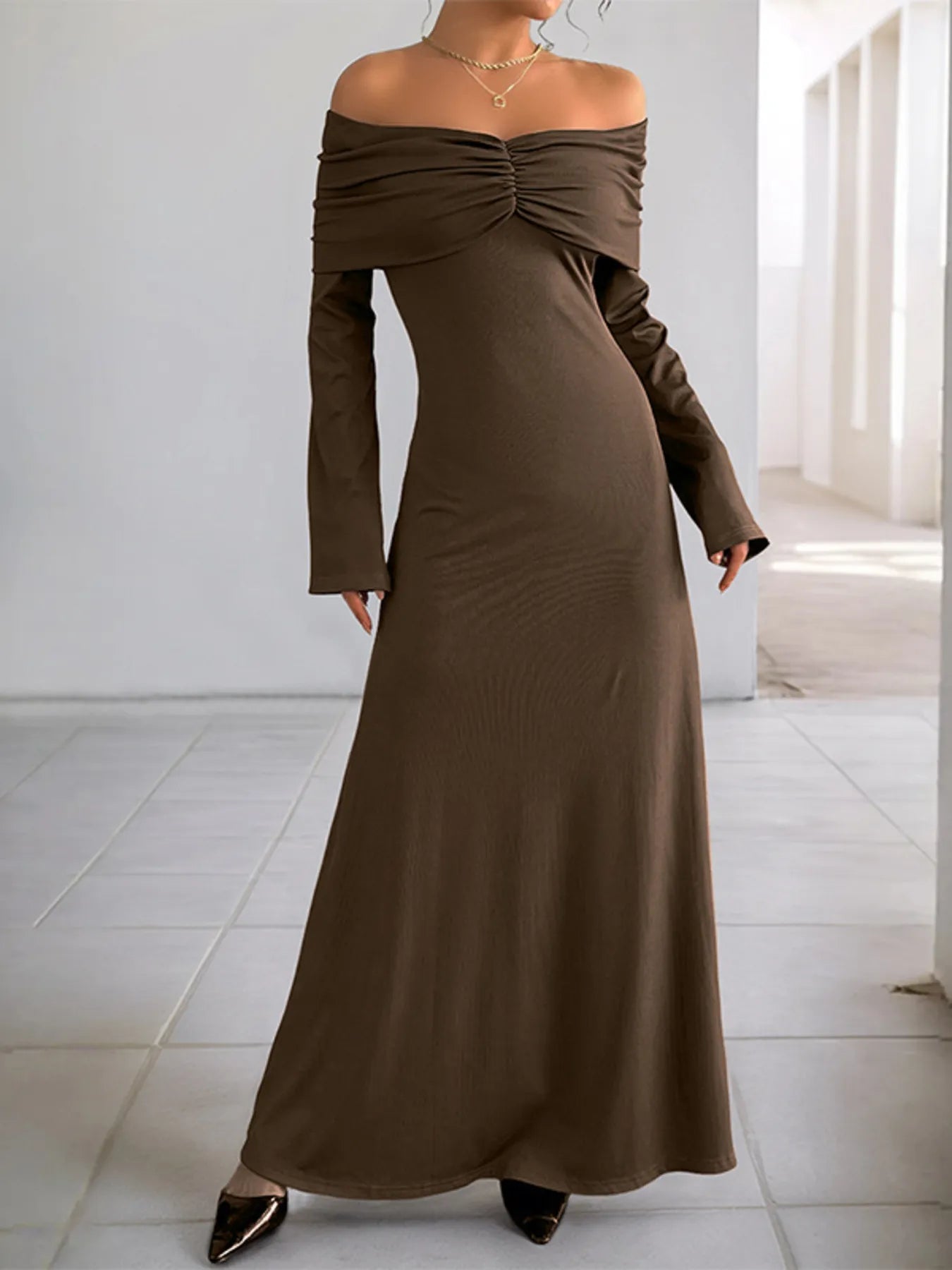 Off - Shoulder Long Sleeve Bodycon Maxi Dress - MAD RUFFI