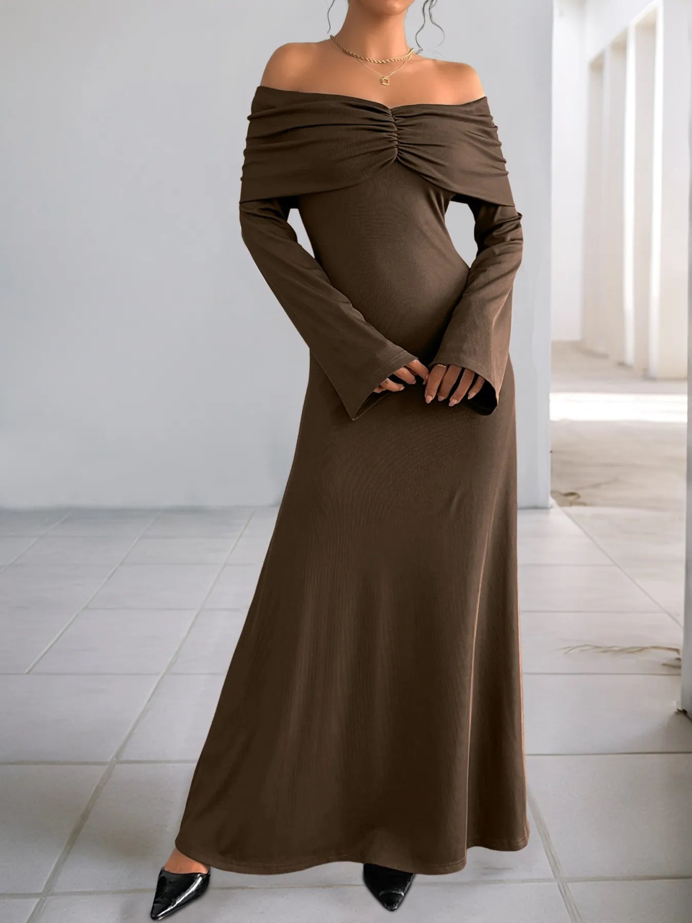 Off - Shoulder Long Sleeve Bodycon Maxi Dress - MAD RUFFI