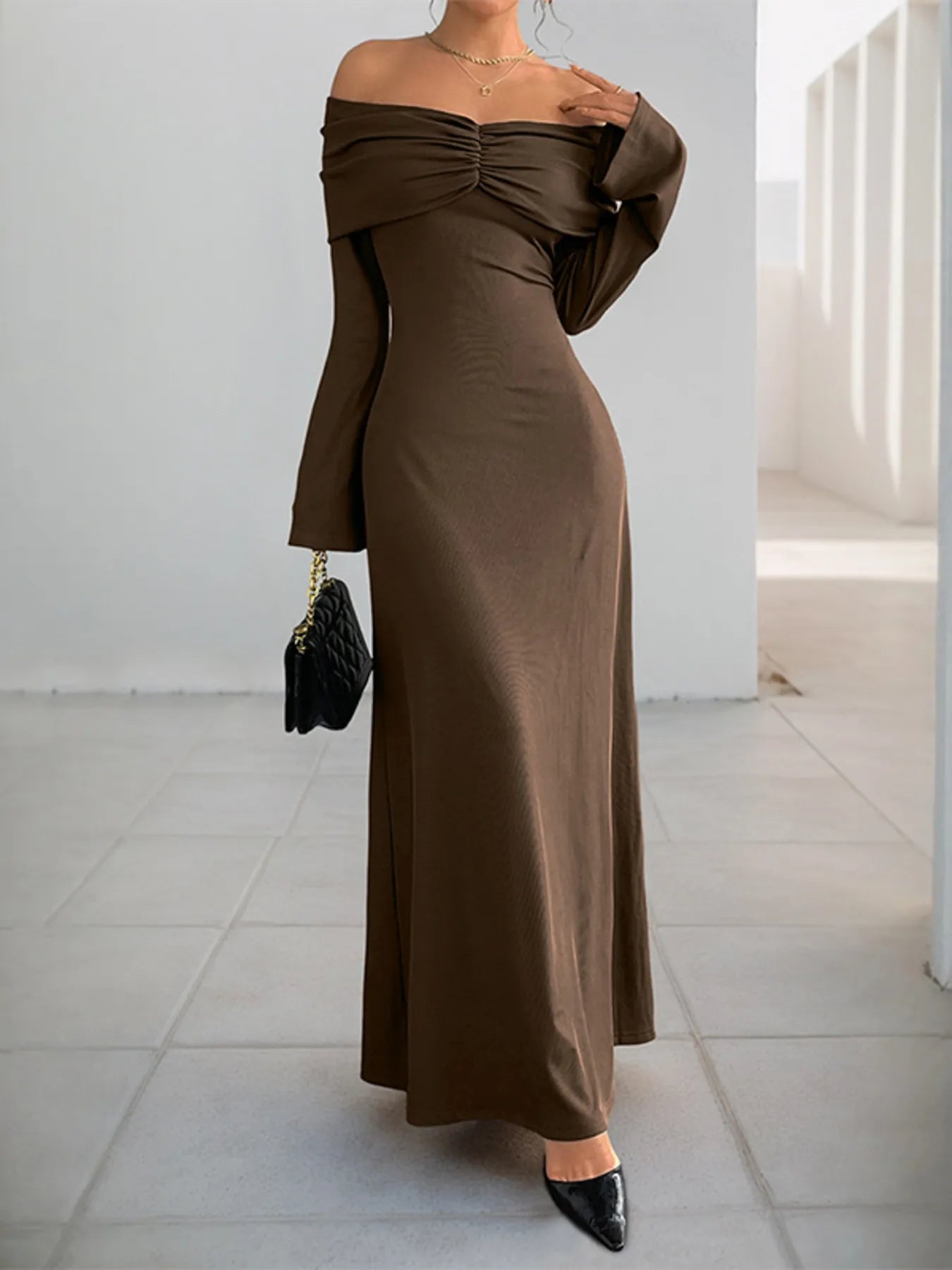 Off - Shoulder Long Sleeve Bodycon Maxi Dress - MAD RUFFI