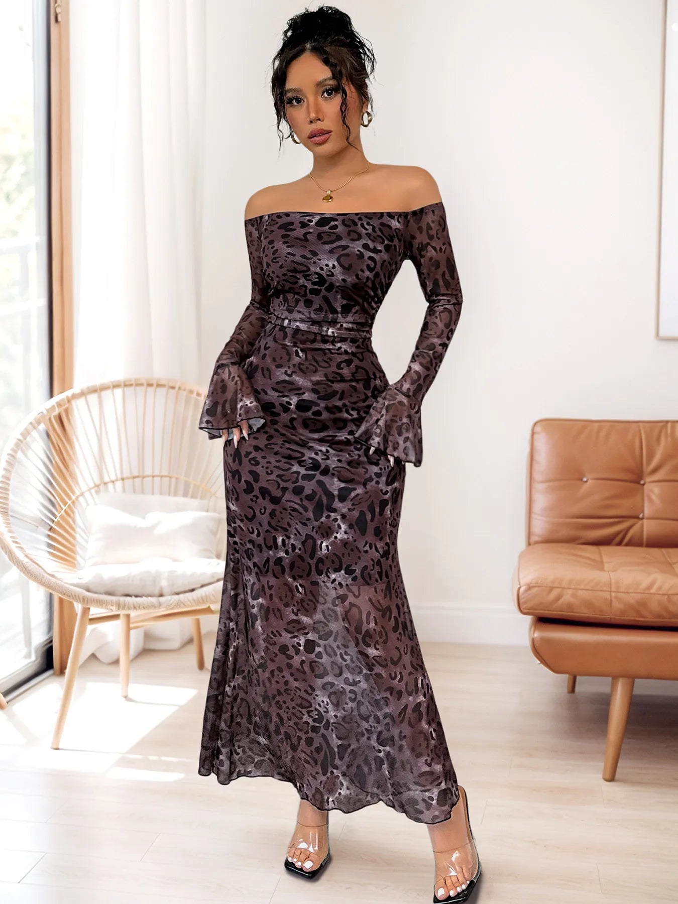 Off - Shoulder Long Sleeve Maxi Dress - MAD RUFFI