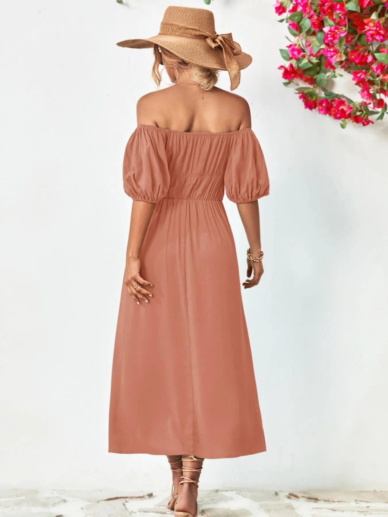 Off - Shoulder Puff Sleeve Smocked Maxi Dress - MAD RUFFI
