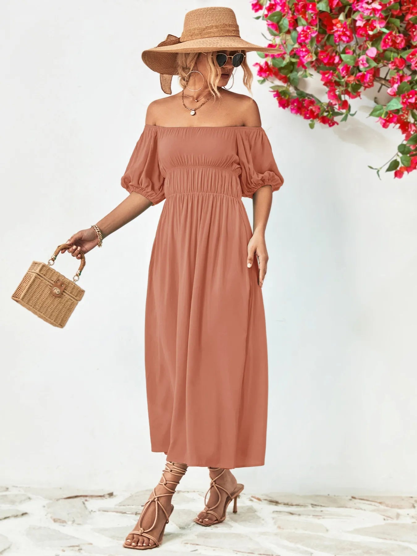 Off - Shoulder Puff Sleeve Smocked Maxi Dress - MAD RUFFI