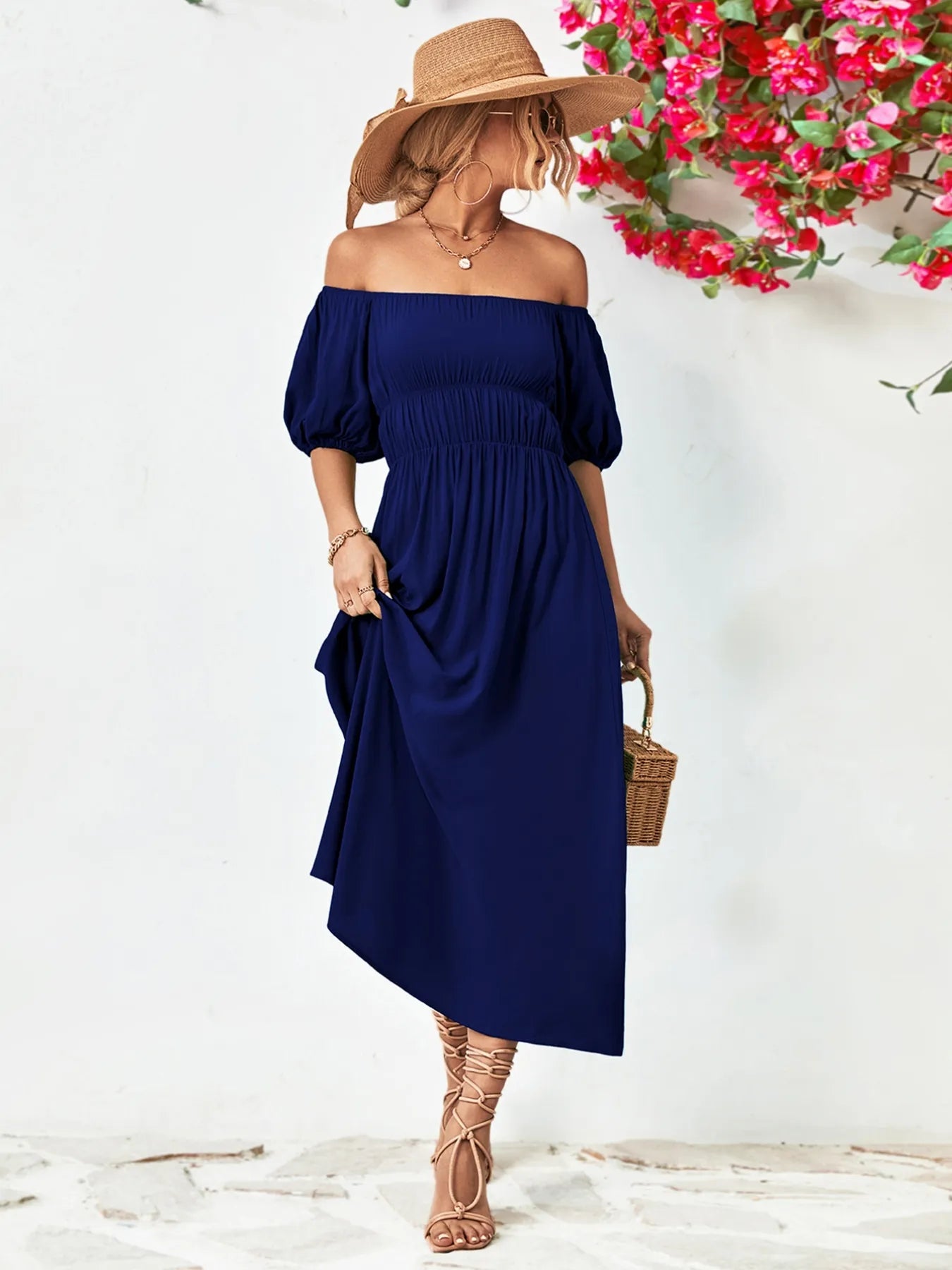 Off - Shoulder Puff Sleeve Smocked Maxi Dress - MAD RUFFI