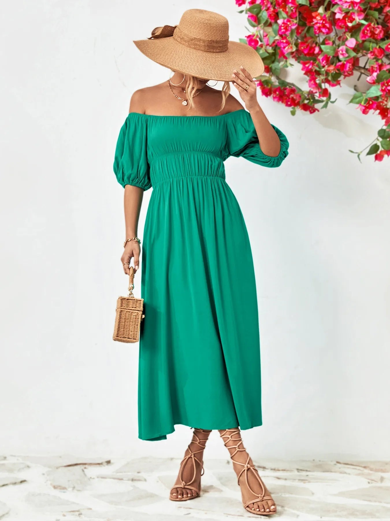 Off - Shoulder Puff Sleeve Smocked Maxi Dress - MAD RUFFI