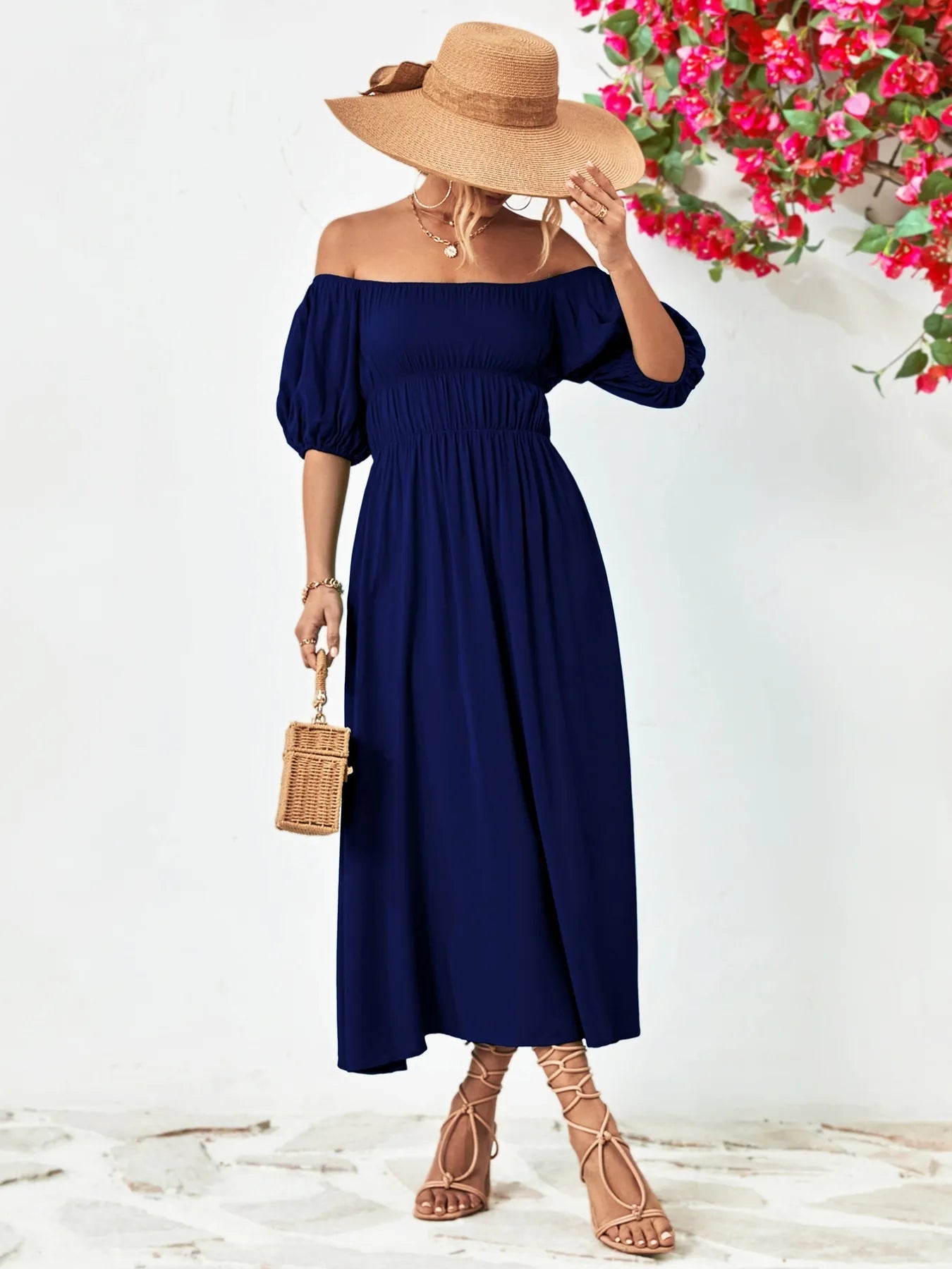 Off - Shoulder Puff Sleeve Smocked Maxi Dress - MAD RUFFI