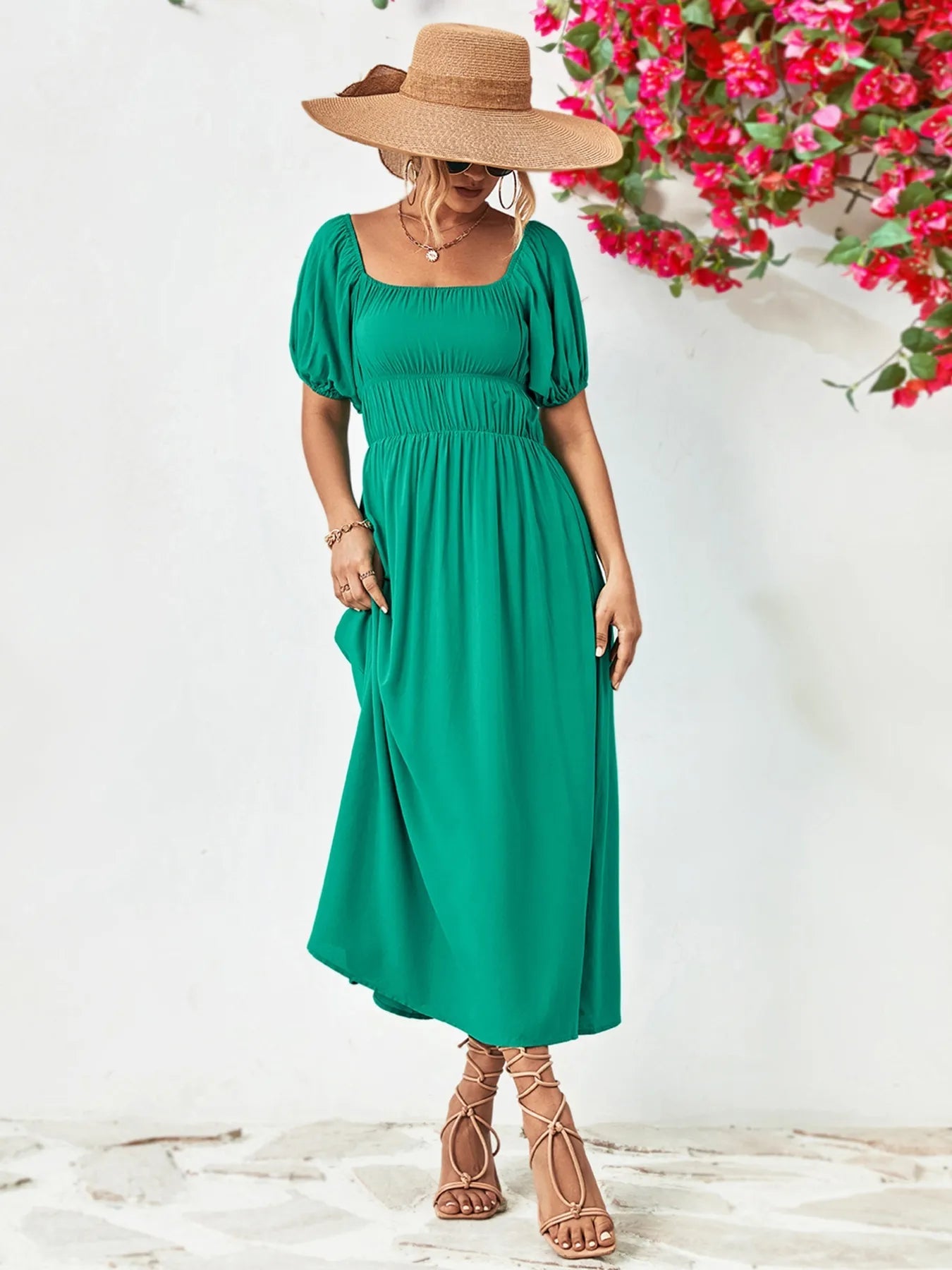 Off - Shoulder Puff Sleeve Smocked Maxi Dress - MAD RUFFI