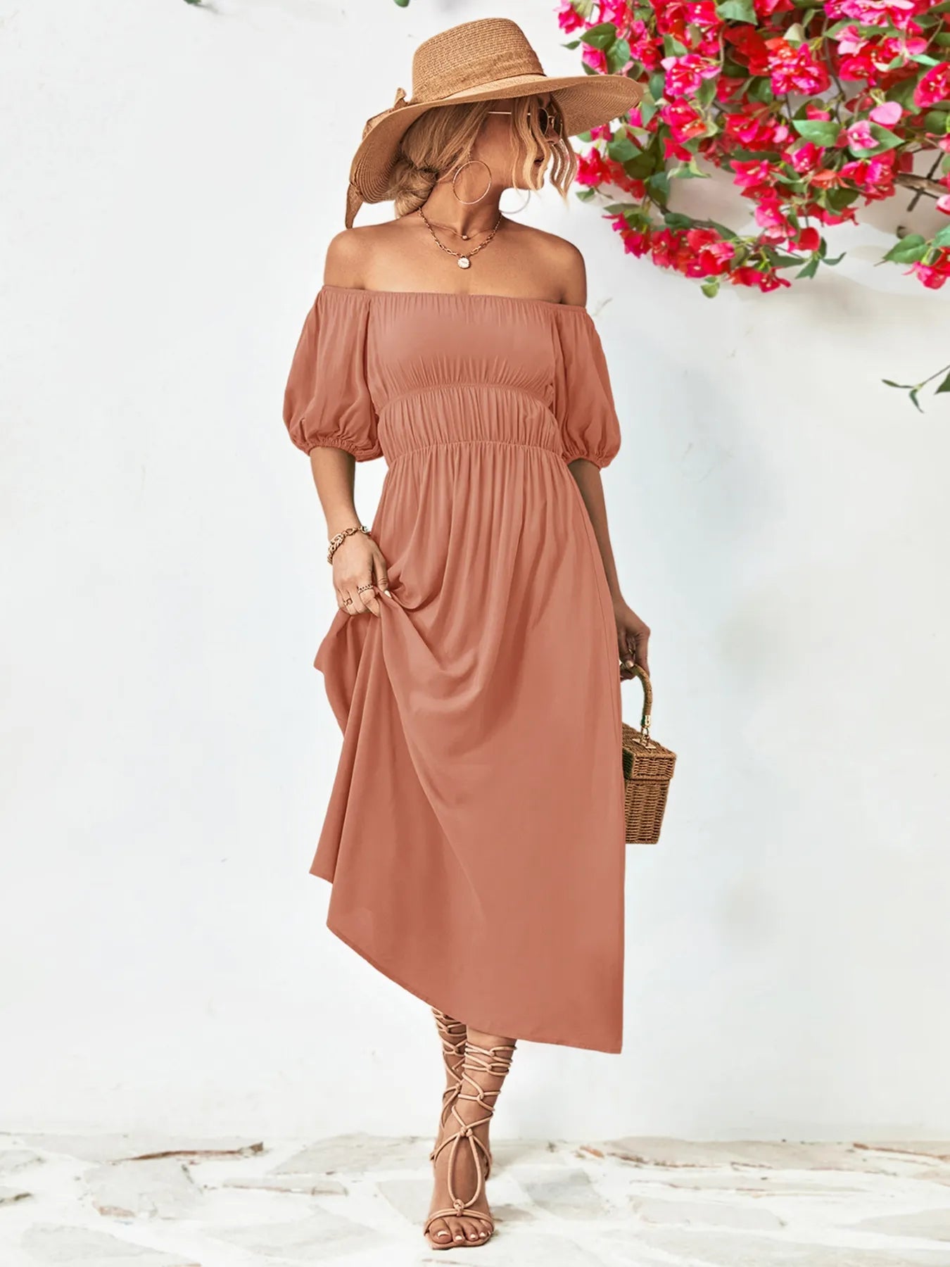 Off - Shoulder Puff Sleeve Smocked Maxi Dress - MAD RUFFI