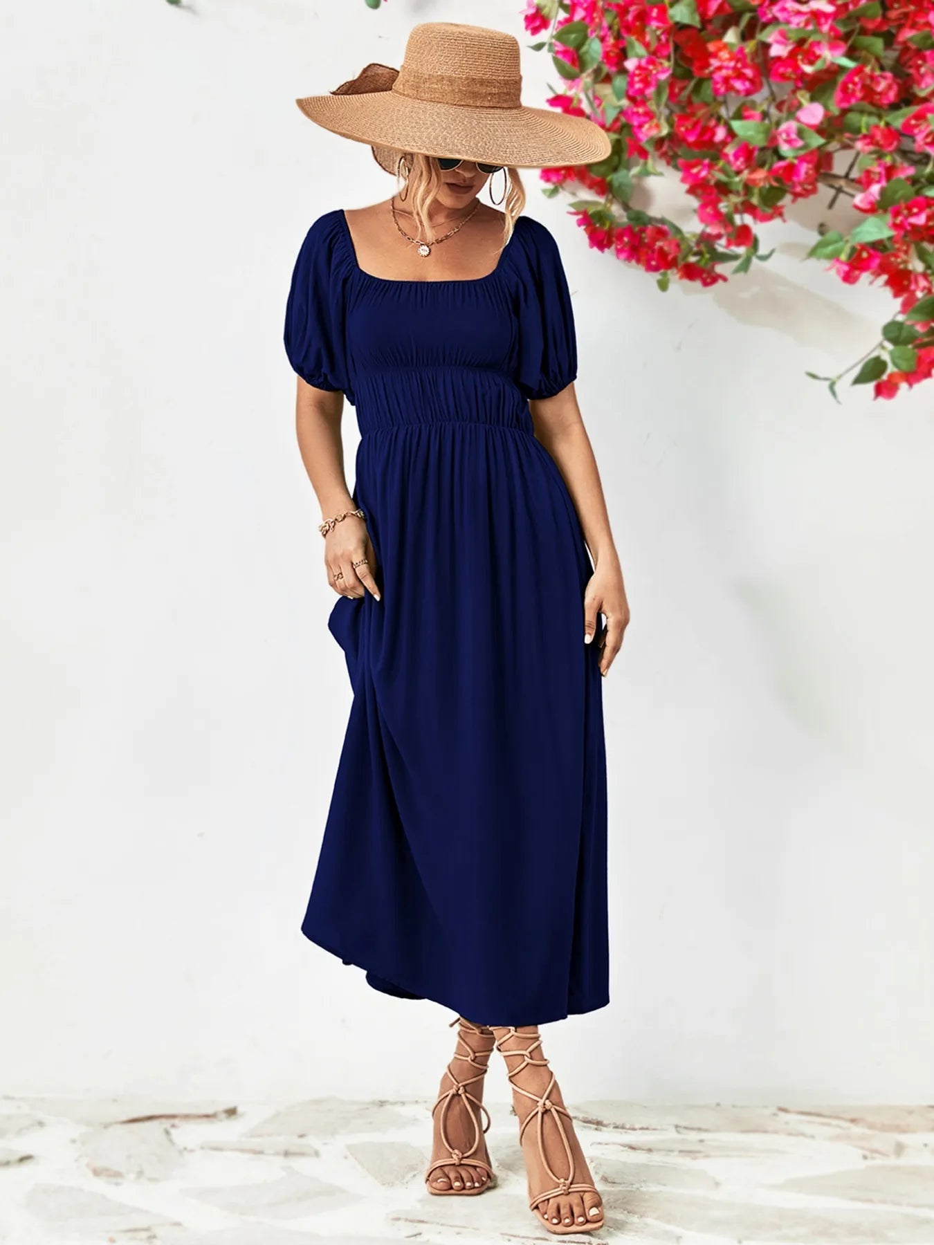 Off - Shoulder Puff Sleeve Smocked Maxi Dress - MAD RUFFI