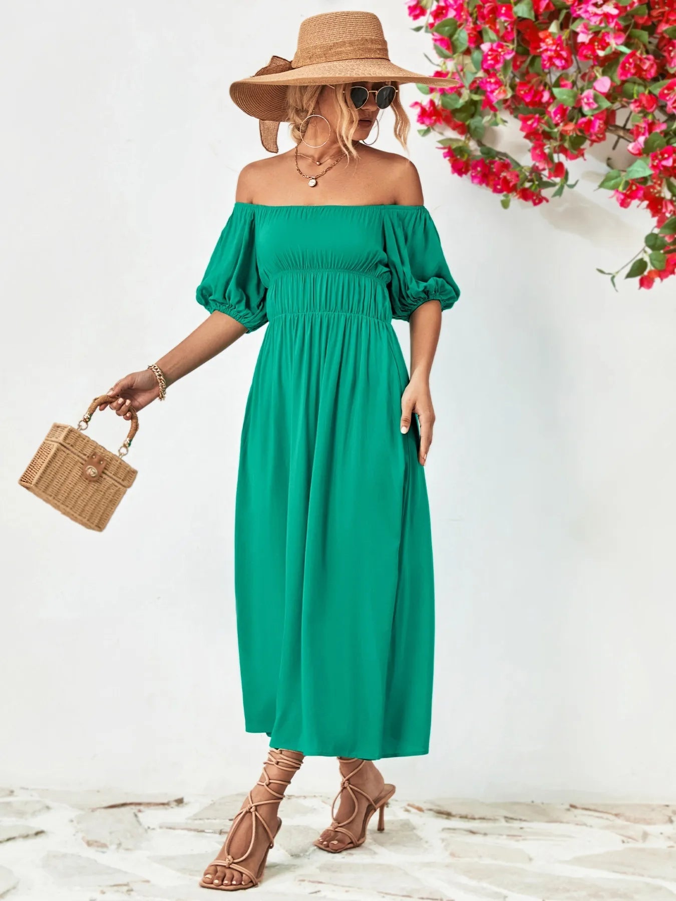 Off - Shoulder Puff Sleeve Smocked Maxi Dress - MAD RUFFI