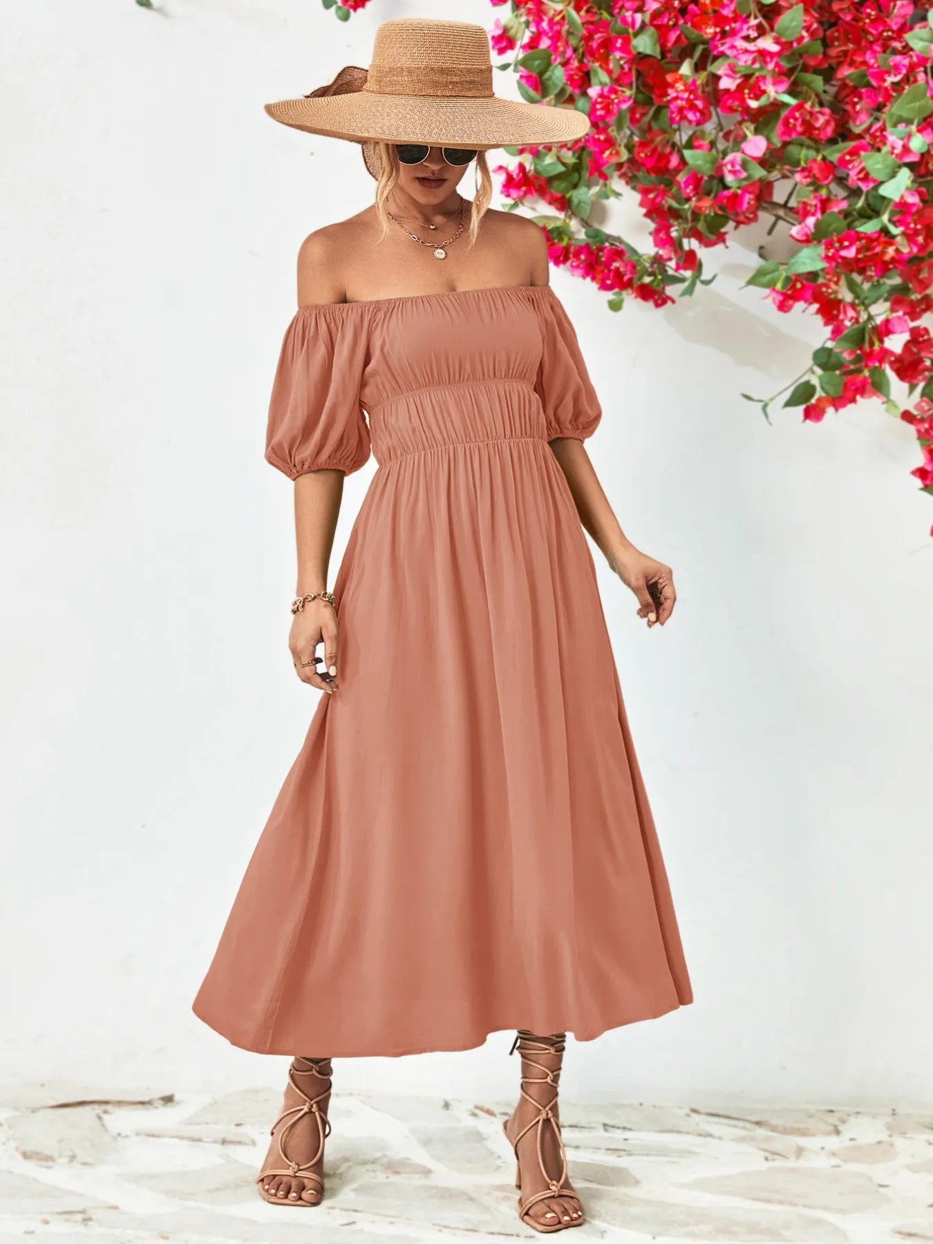Off - Shoulder Puff Sleeve Smocked Maxi Dress - MAD RUFFI
