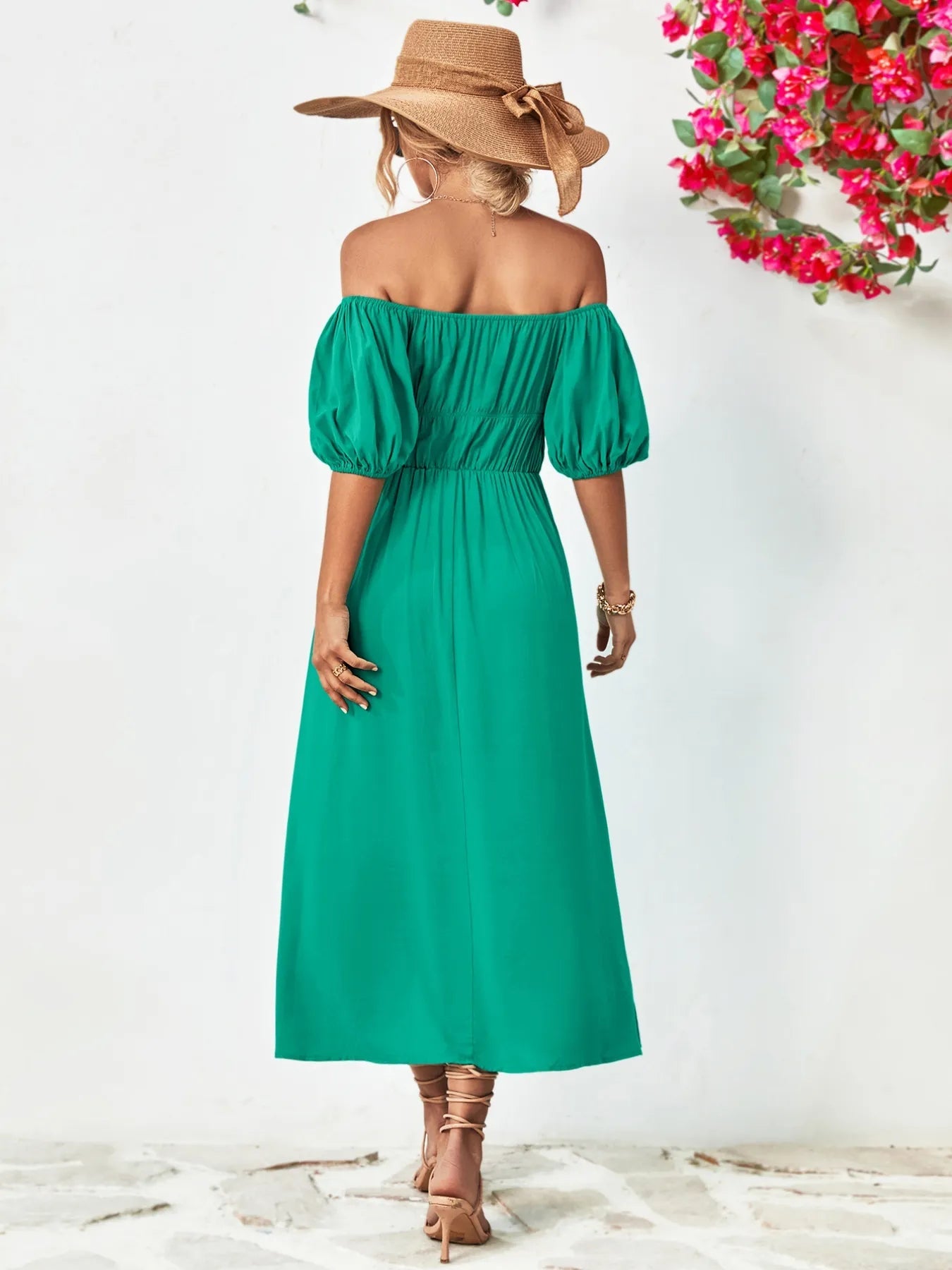 Off - Shoulder Puff Sleeve Smocked Maxi Dress - MAD RUFFI