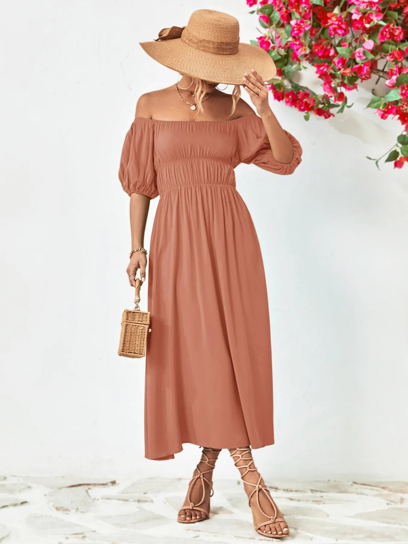 Off - Shoulder Puff Sleeve Smocked Maxi Dress - MAD RUFFI
