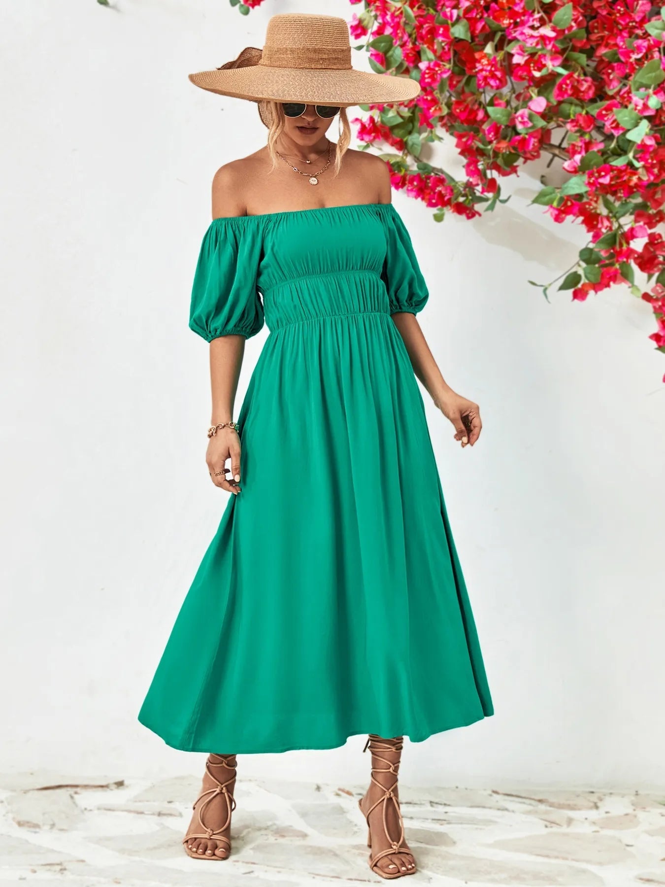 Off - Shoulder Puff Sleeve Smocked Maxi Dress - MAD RUFFI