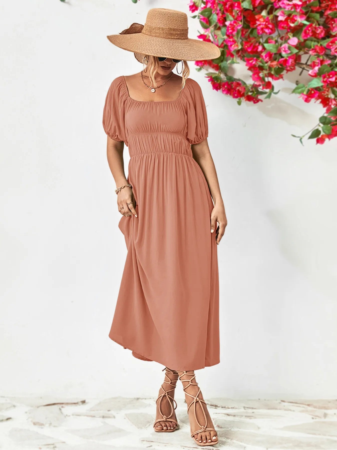 Off - Shoulder Puff Sleeve Smocked Maxi Dress - MAD RUFFI