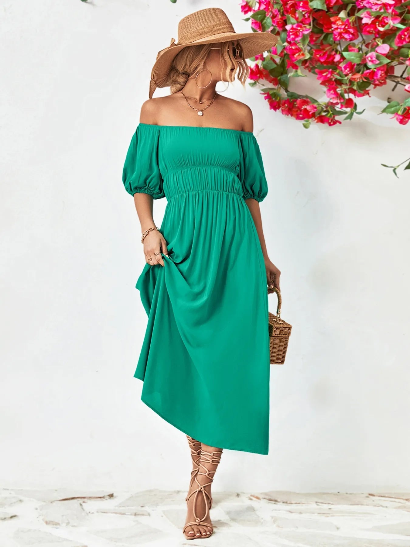 Off - Shoulder Puff Sleeve Smocked Maxi Dress - MAD RUFFI