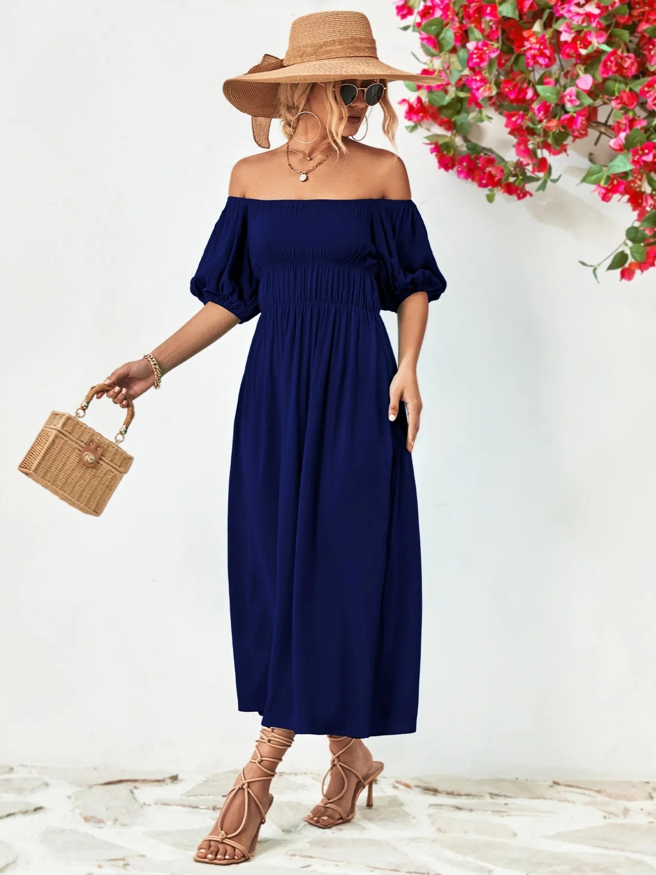 Off - Shoulder Puff Sleeve Smocked Maxi Dress - MAD RUFFI