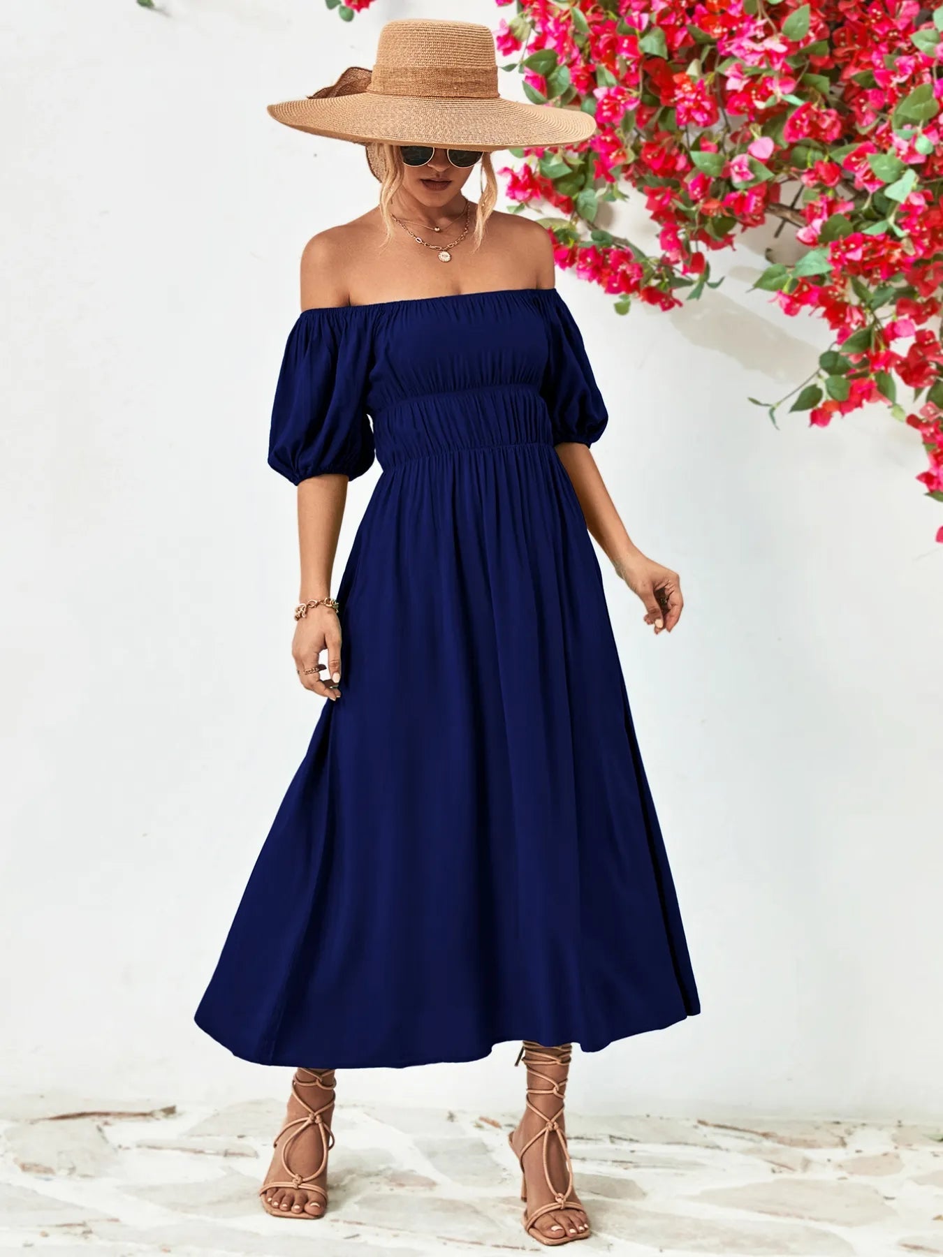 Off - Shoulder Puff Sleeve Smocked Maxi Dress - MAD RUFFI