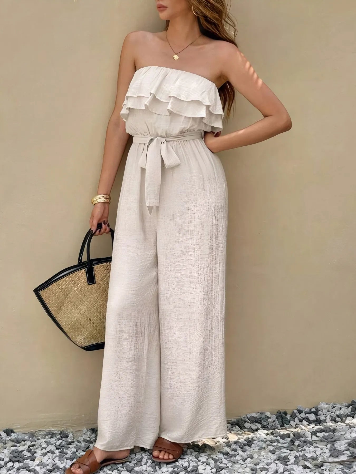Off - Shoulder Ruffled Wide Leg Jumpsuit - MAD RUFFI