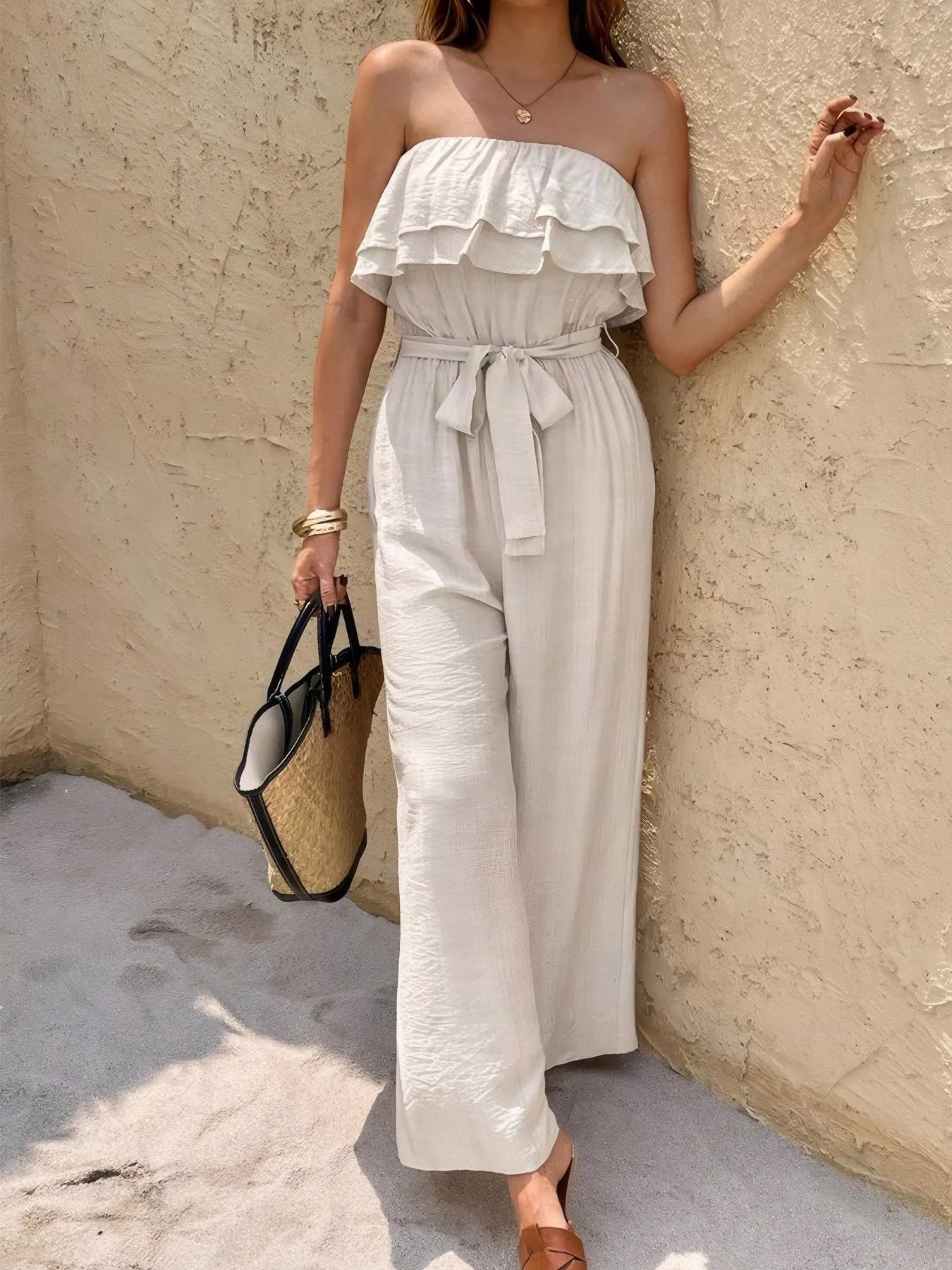 Off - Shoulder Ruffled Wide Leg Jumpsuit - MAD RUFFI
