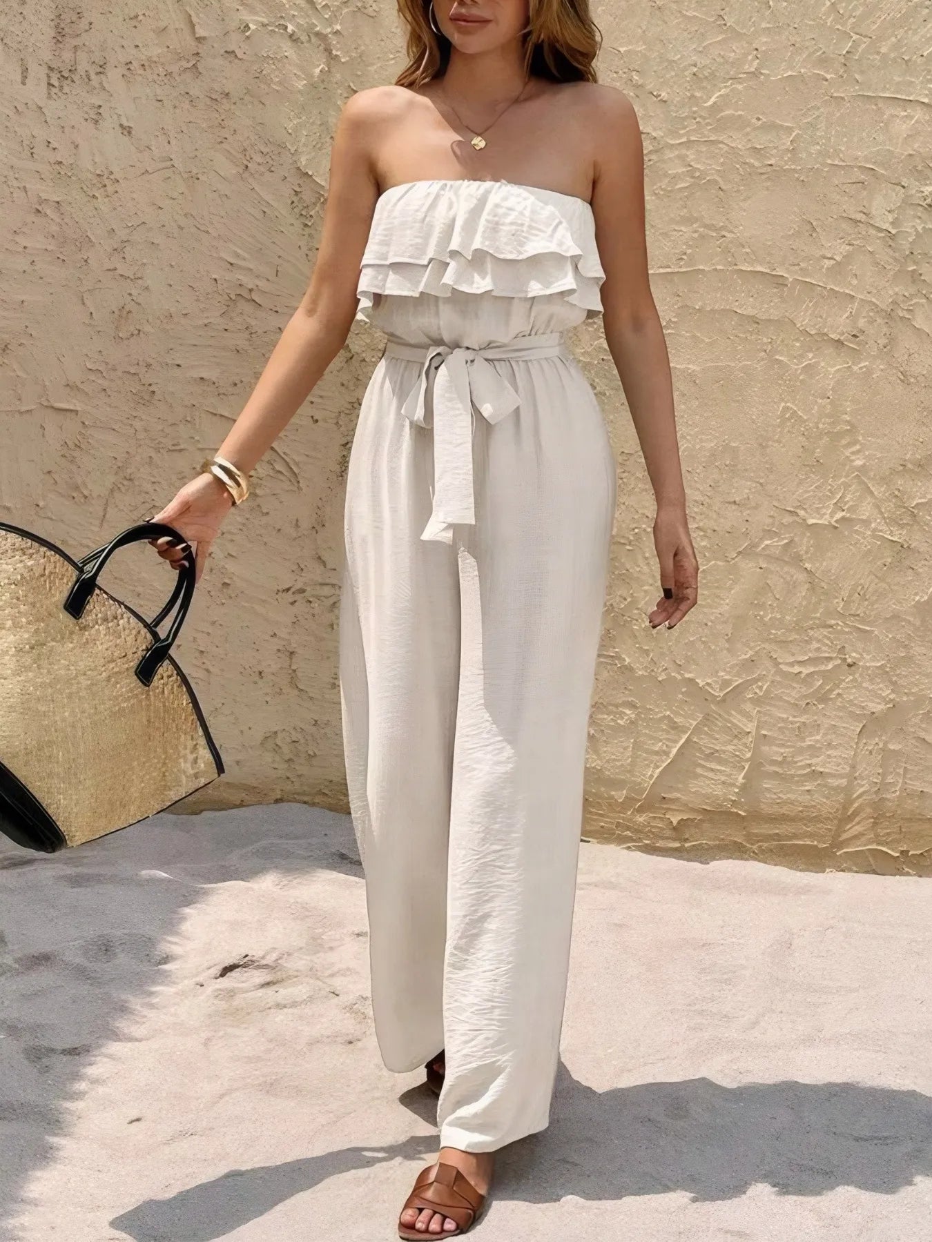 Off - Shoulder Ruffled Wide Leg Jumpsuit - MAD RUFFI