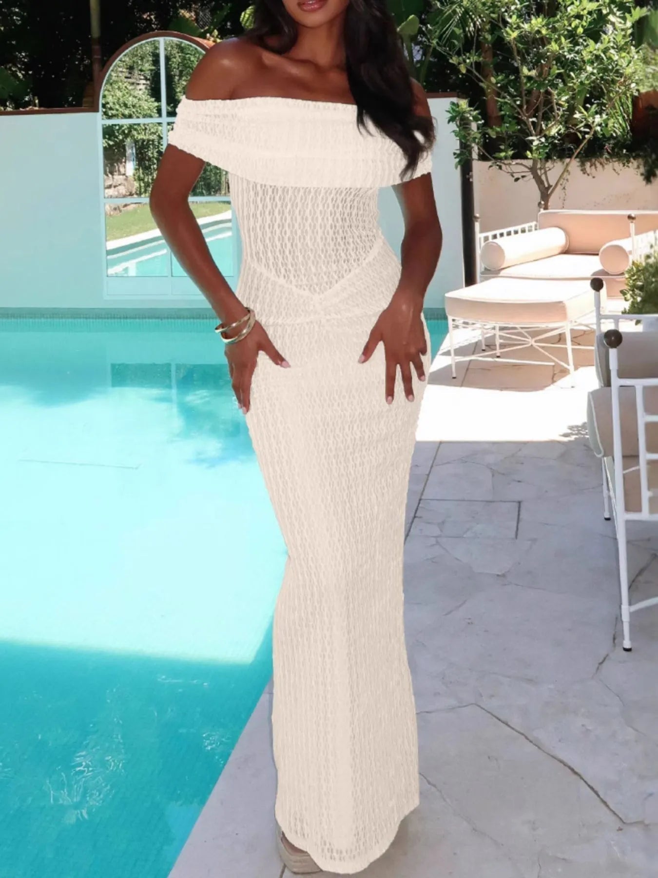 Off Shoulder Texture Maxi Dress - MAD RUFFI