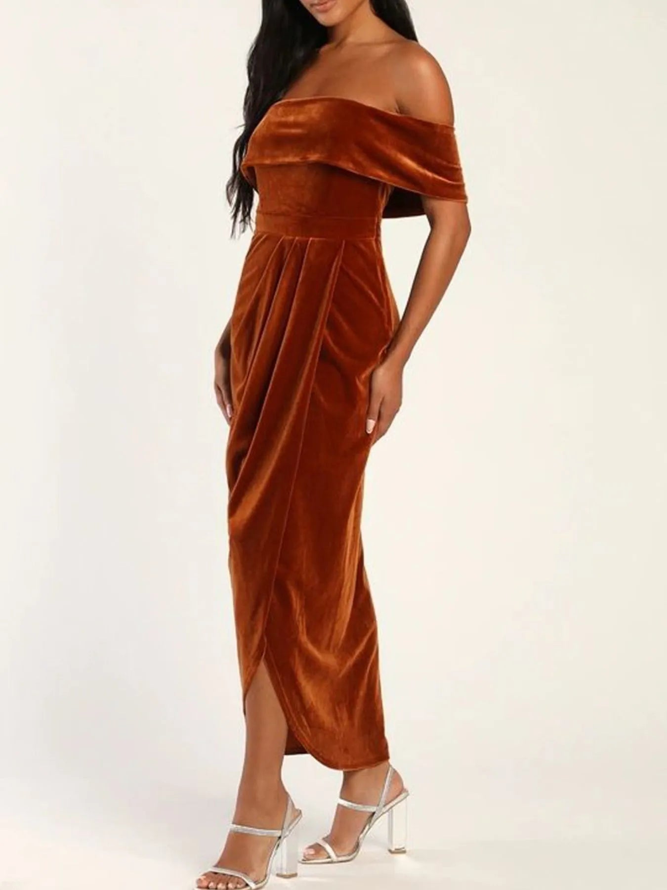 Off - Shoulder Wrap Dress with Side Slit - MAD RUFFI