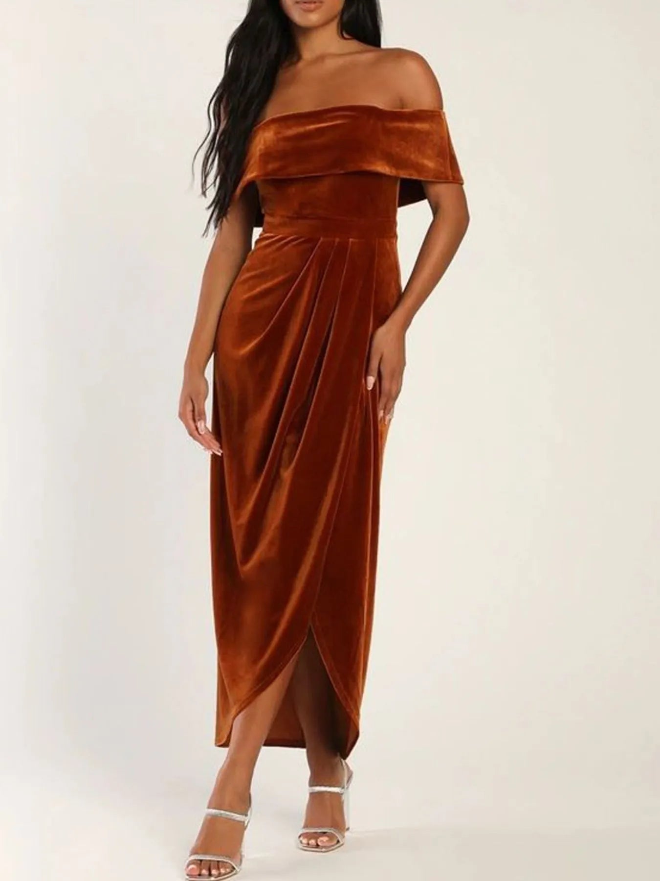 Off - Shoulder Wrap Dress with Side Slit - MAD RUFFI
