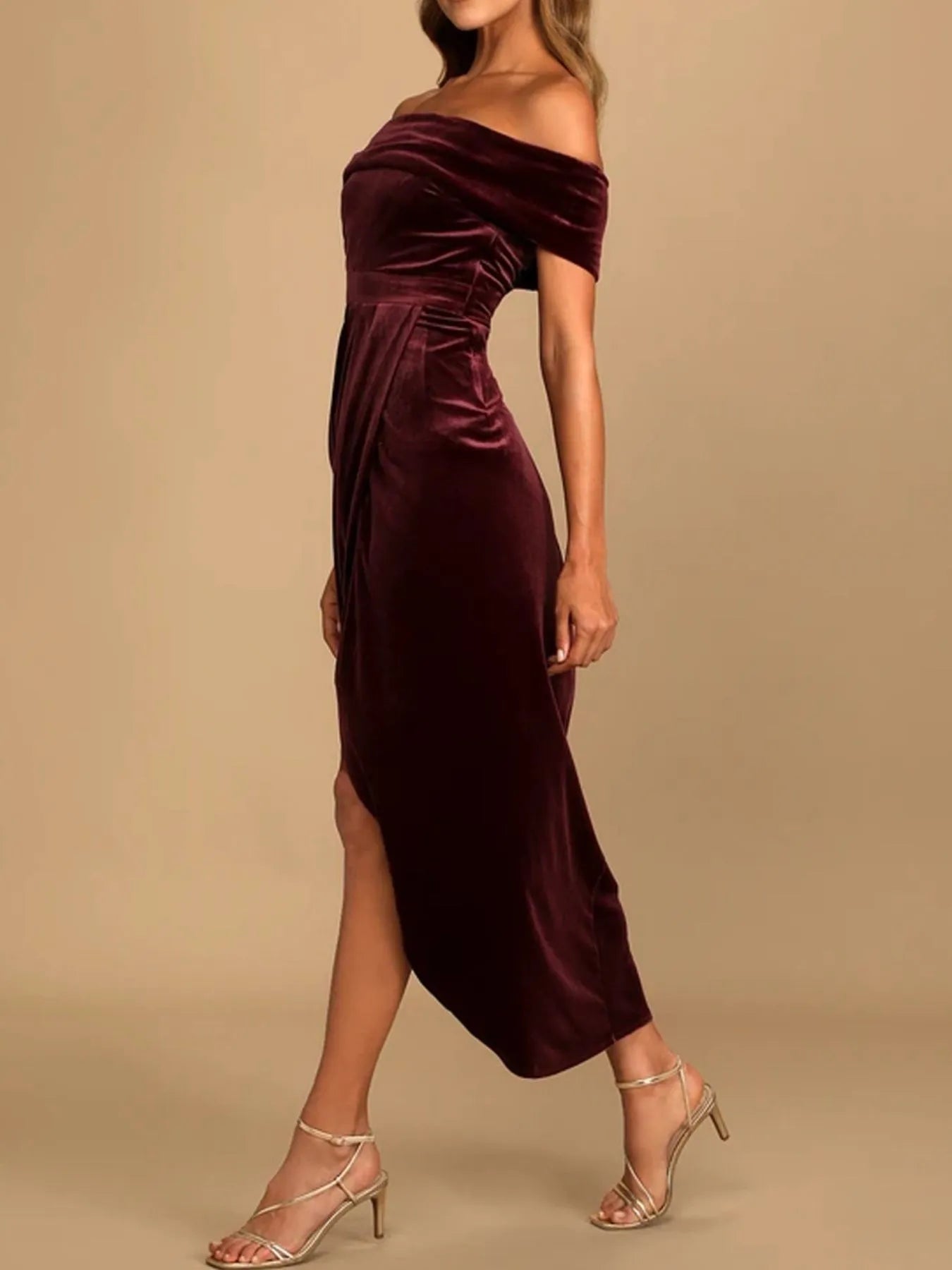 Off - Shoulder Wrap Dress with Side Slit - MAD RUFFI