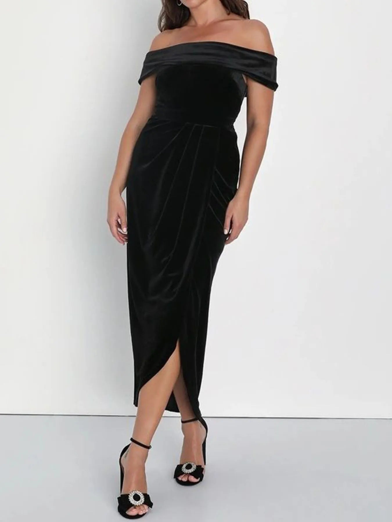 Off - Shoulder Wrap Dress with Side Slit - MAD RUFFI