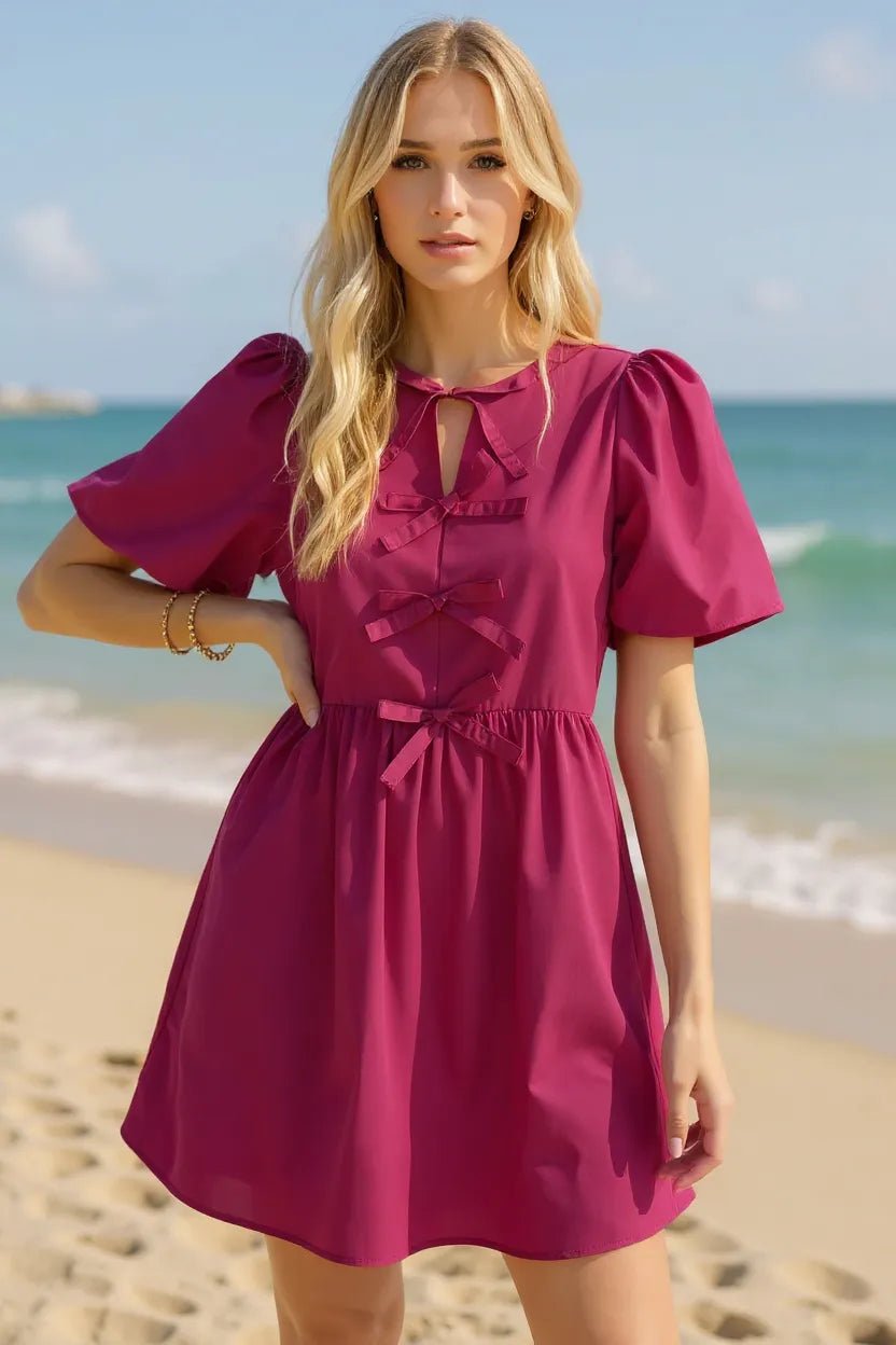 Oh Bow Ruched Puff Sleeve Mini Dress - MAD RUFFI