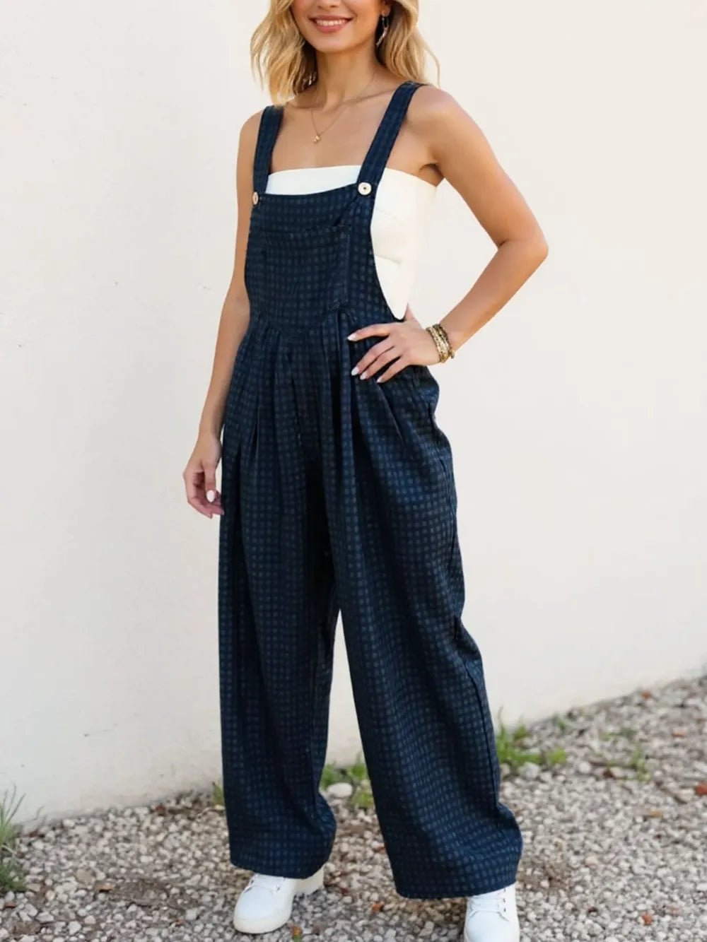 Oh Full Size Plaid Wide Leg Overalls with Pockets - MAD RUFFI
