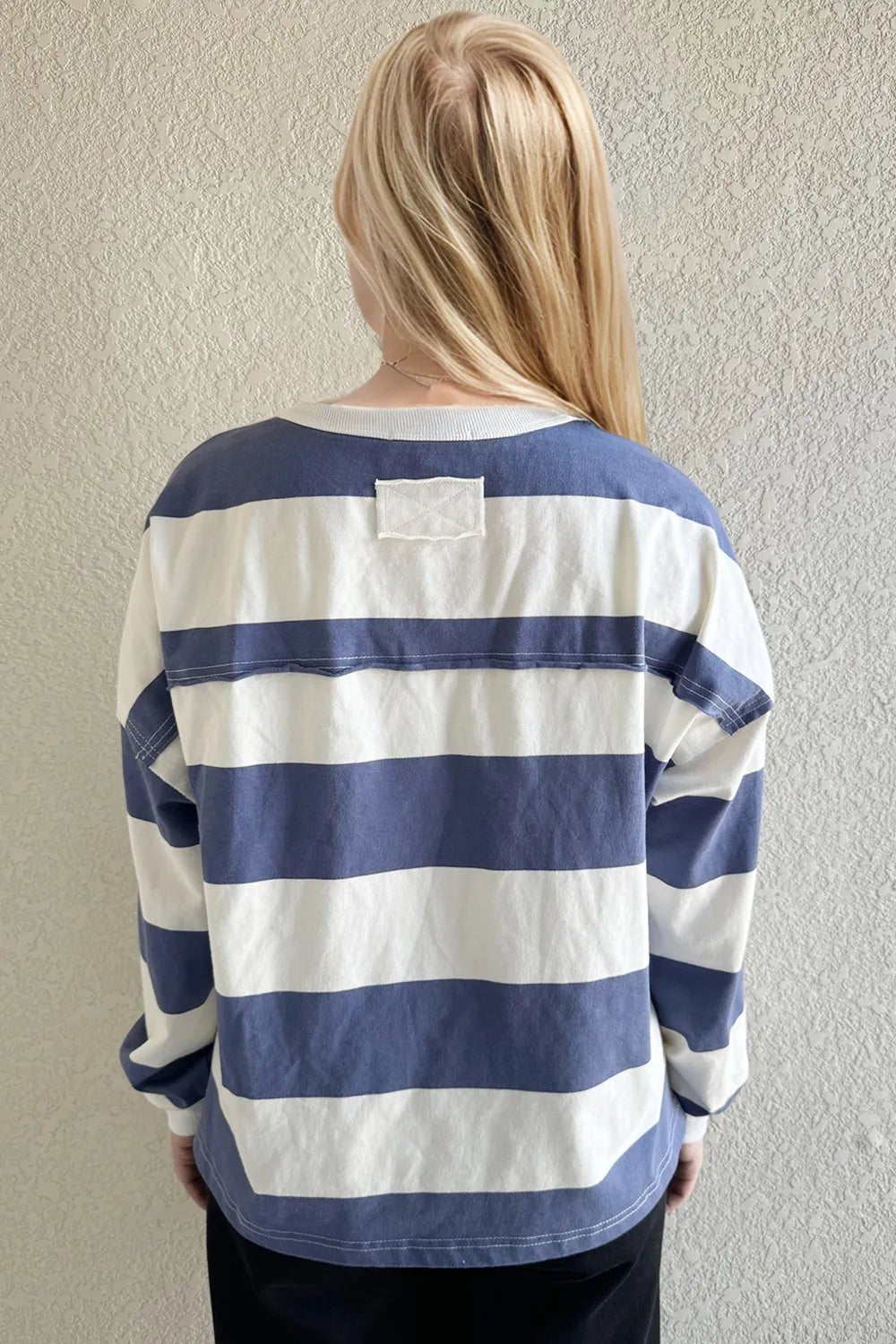Oh Pima Cotton Wash Exposed Seam Contrast Striped Round Neck Long Sleeve T-Shirt - MAD RUFFI
