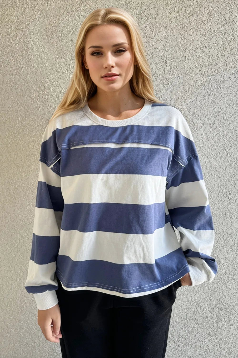 Oh Pima Cotton Wash Exposed Seam Contrast Striped Round Neck Long Sleeve T-Shirt - MAD RUFFI
