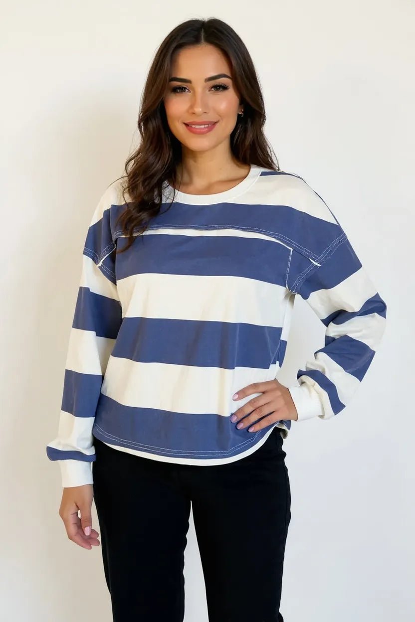 Oh Pima Cotton Wash Exposed Seam Contrast Striped Round Neck Long Sleeve T-Shirt - MAD RUFFI