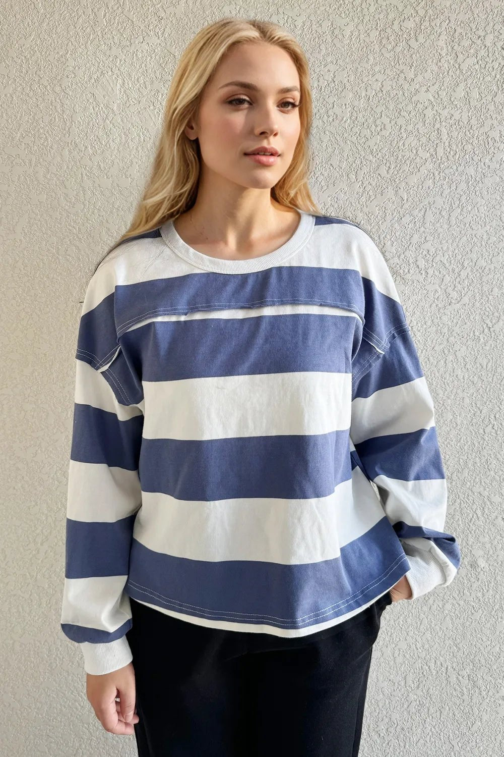 Oh Pima Cotton Wash Exposed Seam Contrast Striped Round Neck Long Sleeve T-Shirt - MAD RUFFI